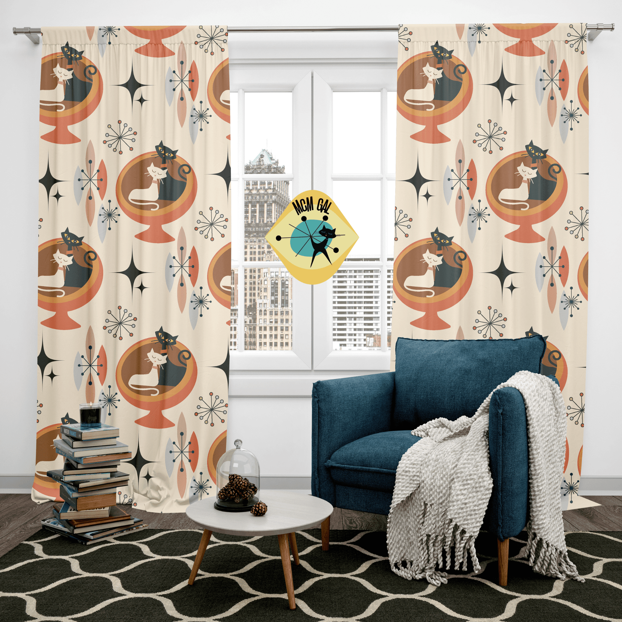 Atomic Kitties, Cute Kitsch Livingroom, Mid Century Modern, Retro Mod Window Curtains Home Decor Blackout / 50" × 84"