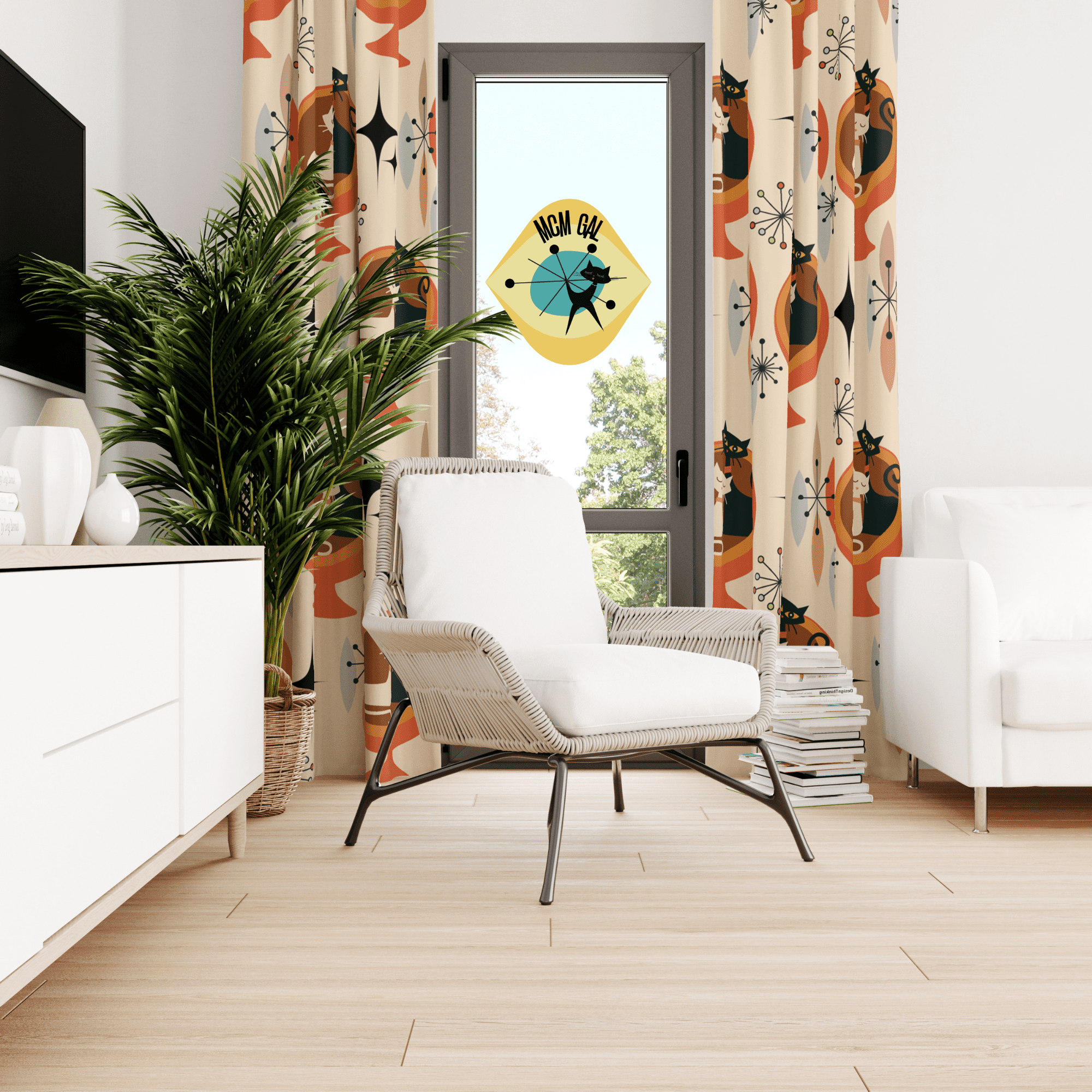 Atomic Kitties, Cute Kitsch Livingroom, Mid Century Modern, Retro Mod Window Curtains Home Decor Blackout / 50" × 84"