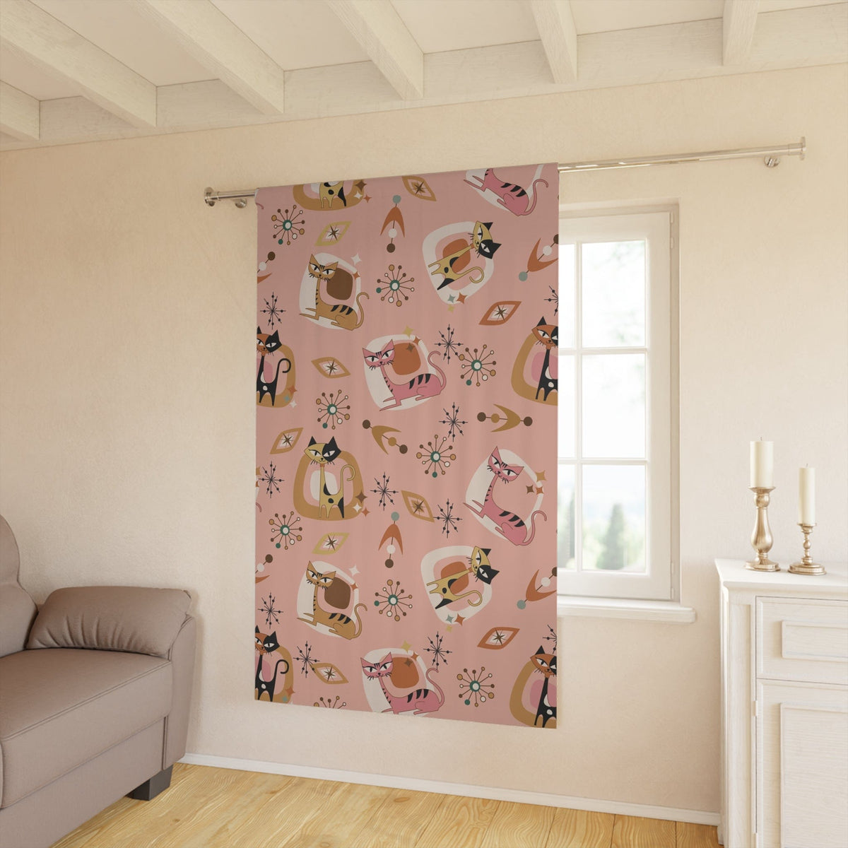 Atomic Pink 50's, Kitschy Fun Cats, Cat Lover, Cat Mom, Vintage Inspired, Mid Century Modern Window Curtain Home Decor Blackout / 50" × 84"