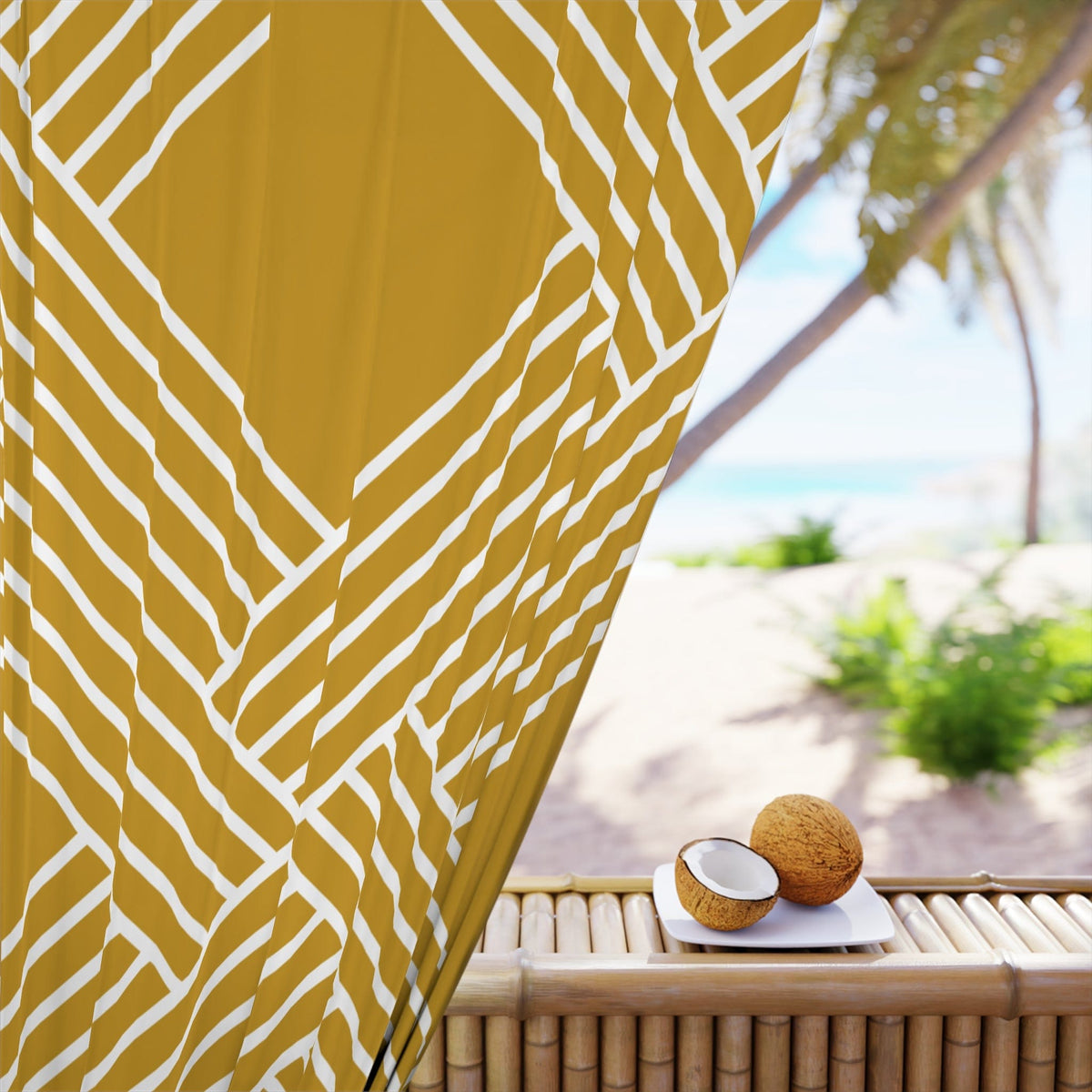 Herringbone Pattern, Retro Mod Golden Yellow, White Abstract, Modern Window Curtains (1 Piece) Home Decor Blackout / 50" × 84"