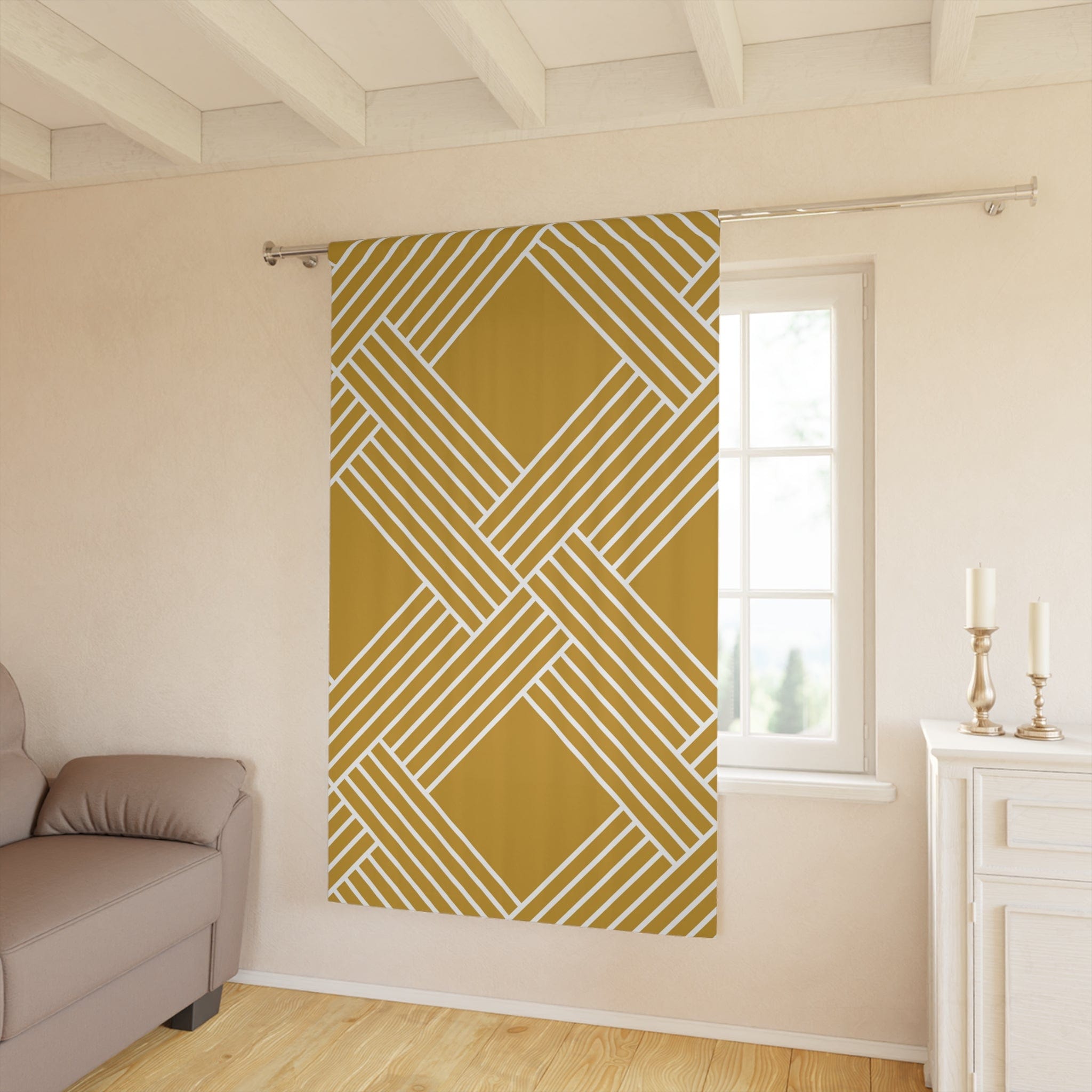 Herringbone Pattern, Retro Mod Golden Yellow, White Abstract, Modern Window Curtains (1 Piece) Home Decor Blackout / 50" × 84"