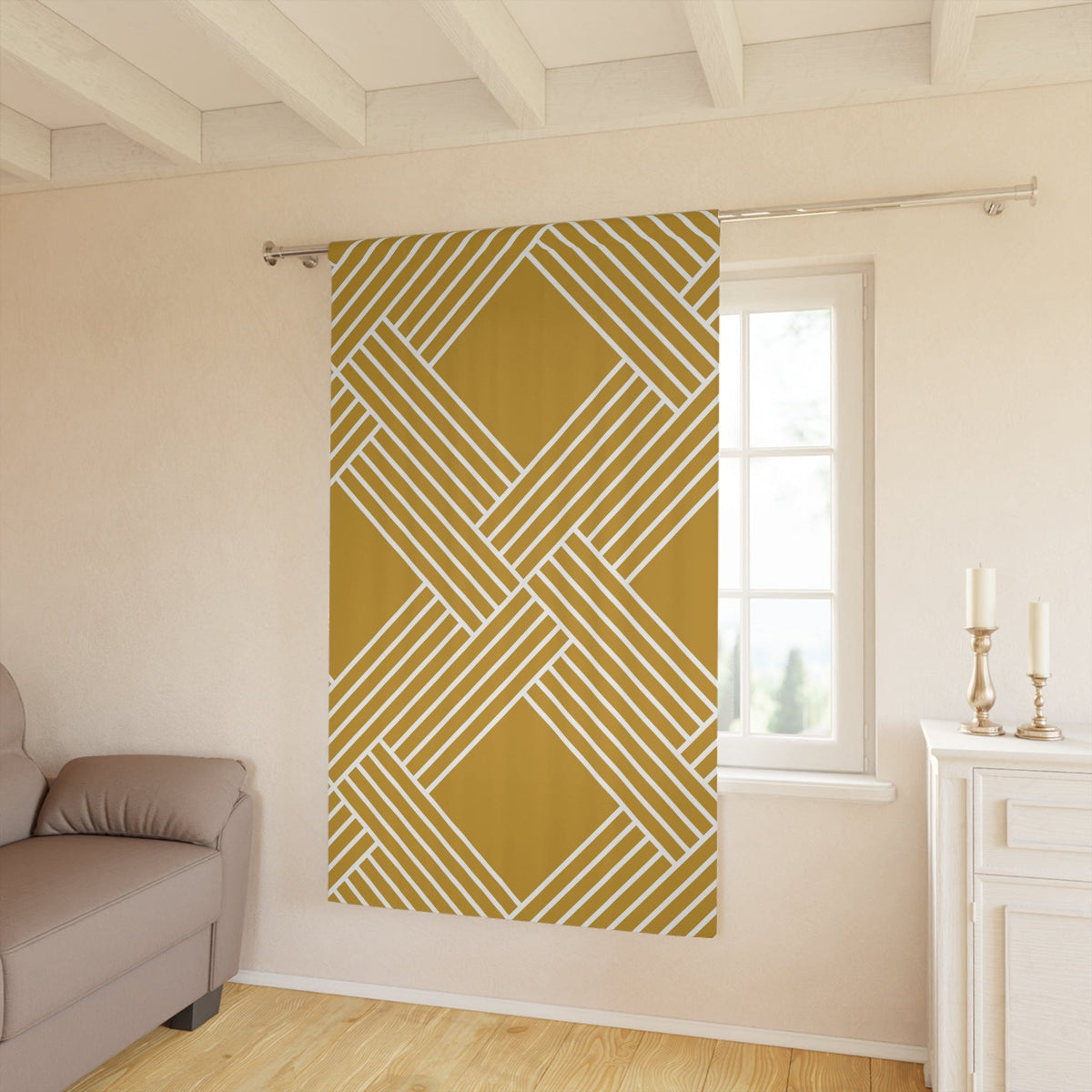 Herringbone Pattern, Retro Mod Golden Yellow, White Abstract, Modern Window Curtains (1 Piece) Home Decor Blackout / 50" × 84"