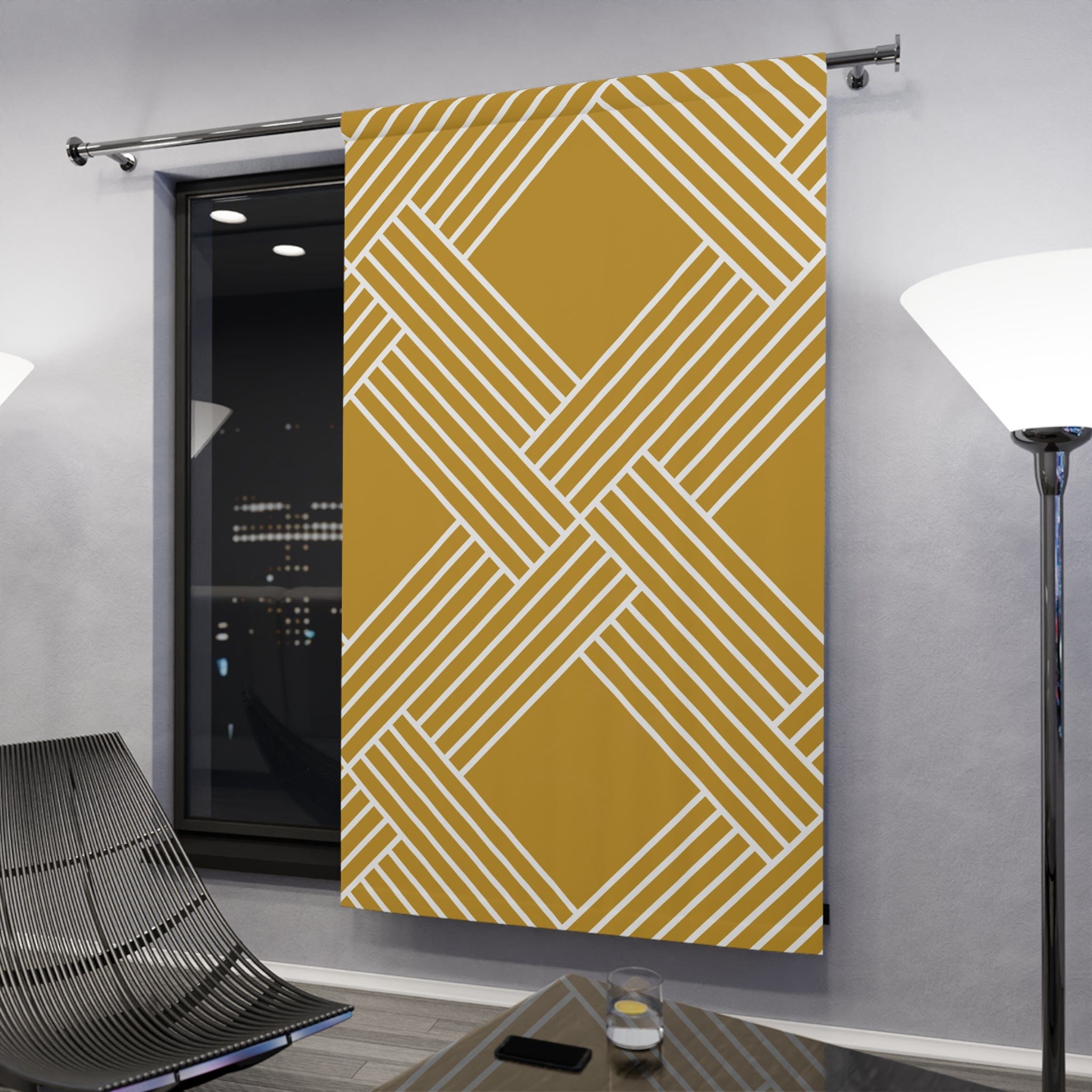 Herringbone Pattern, Retro Mod Golden Yellow, White Abstract, Modern Window Curtains (1 Piece) Home Decor Blackout / 50" × 84"