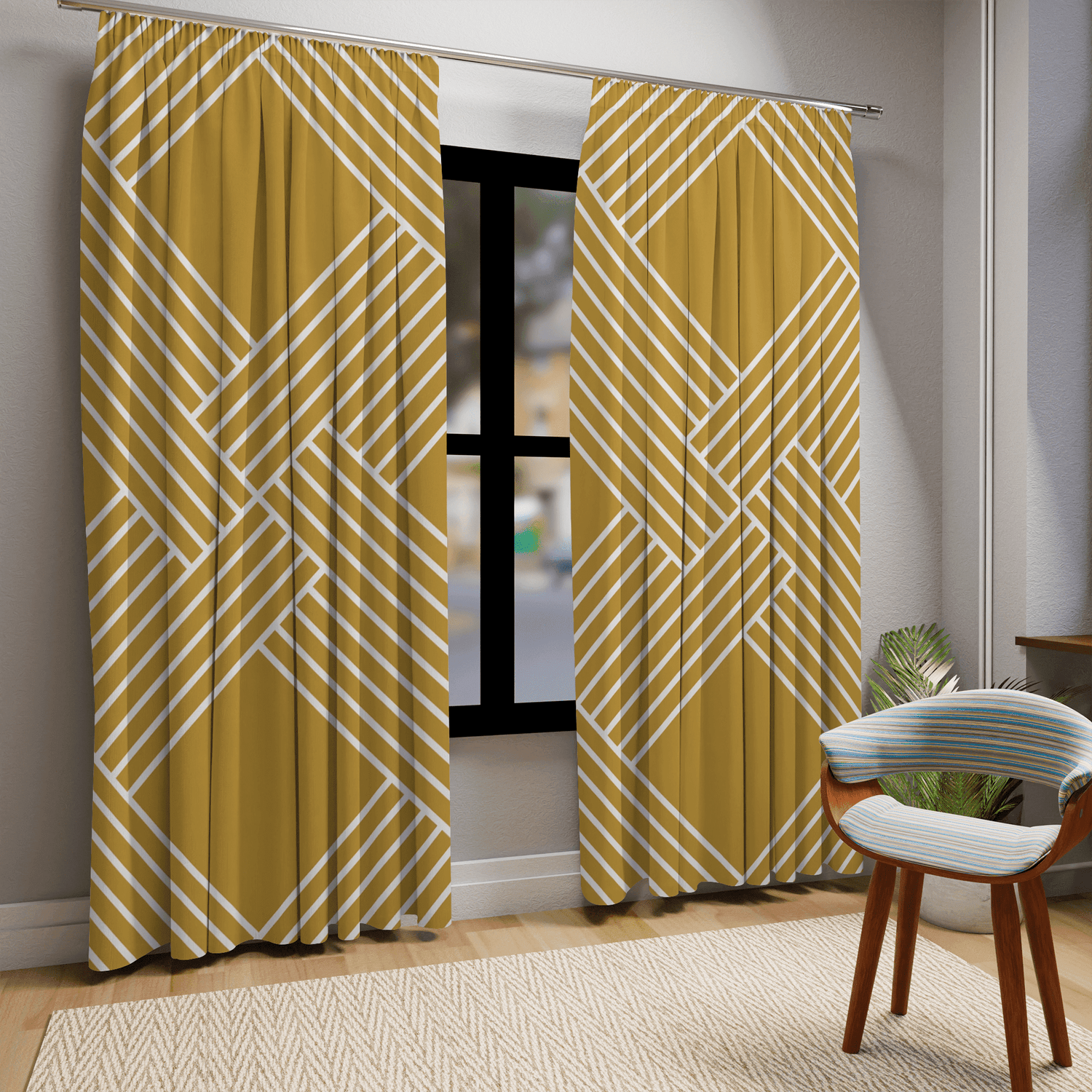 Herringbone Pattern, Retro Mod Golden Yellow, White Abstract, Modern Window Curtains (1 Piece) Home Decor Blackout / 50" × 84"
