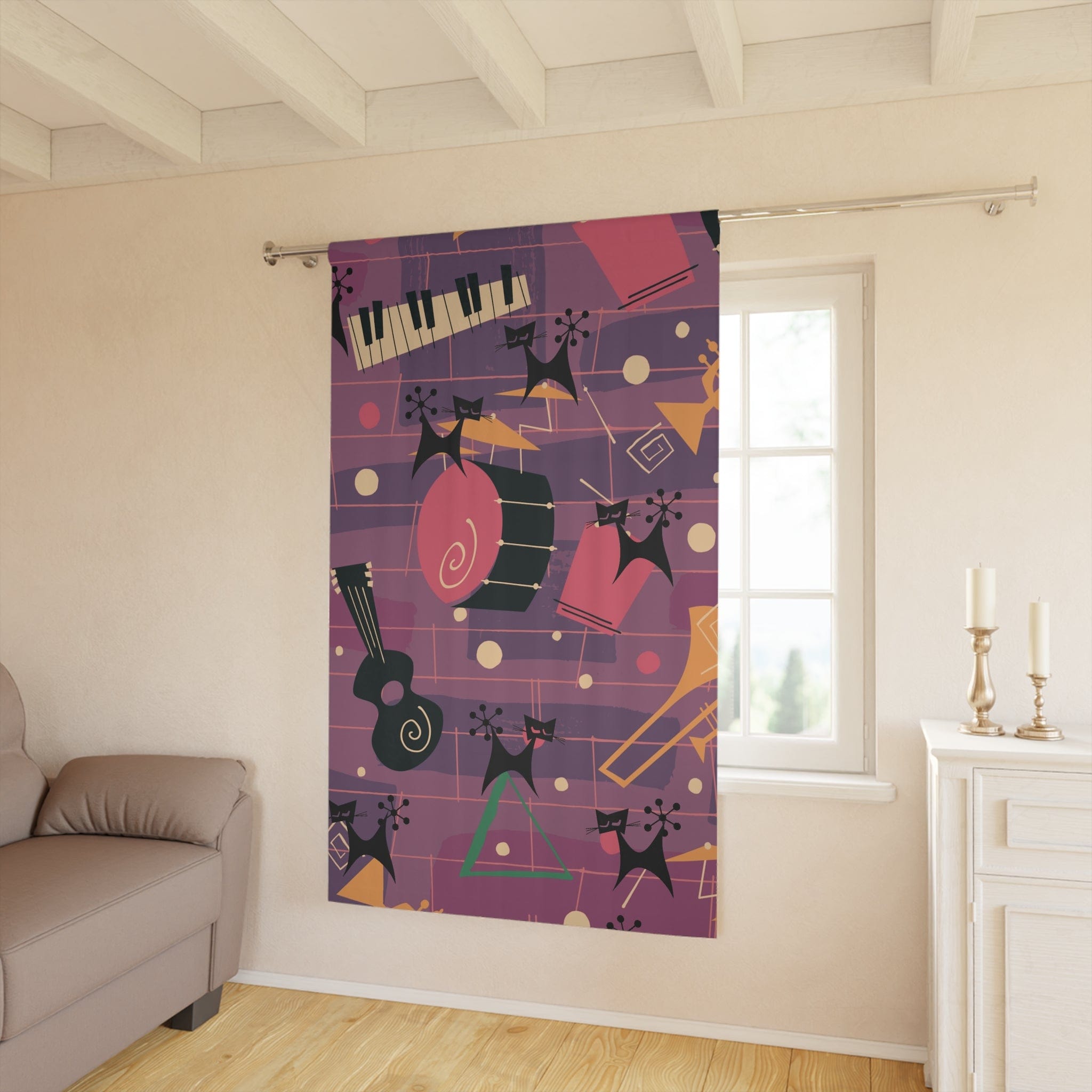 Jazzy Snazzy Atomic Cats, Music Lover, Mid Century Modern Retro Window Curtains (1 Piece) Home Decor Blackout / 50" × 84"