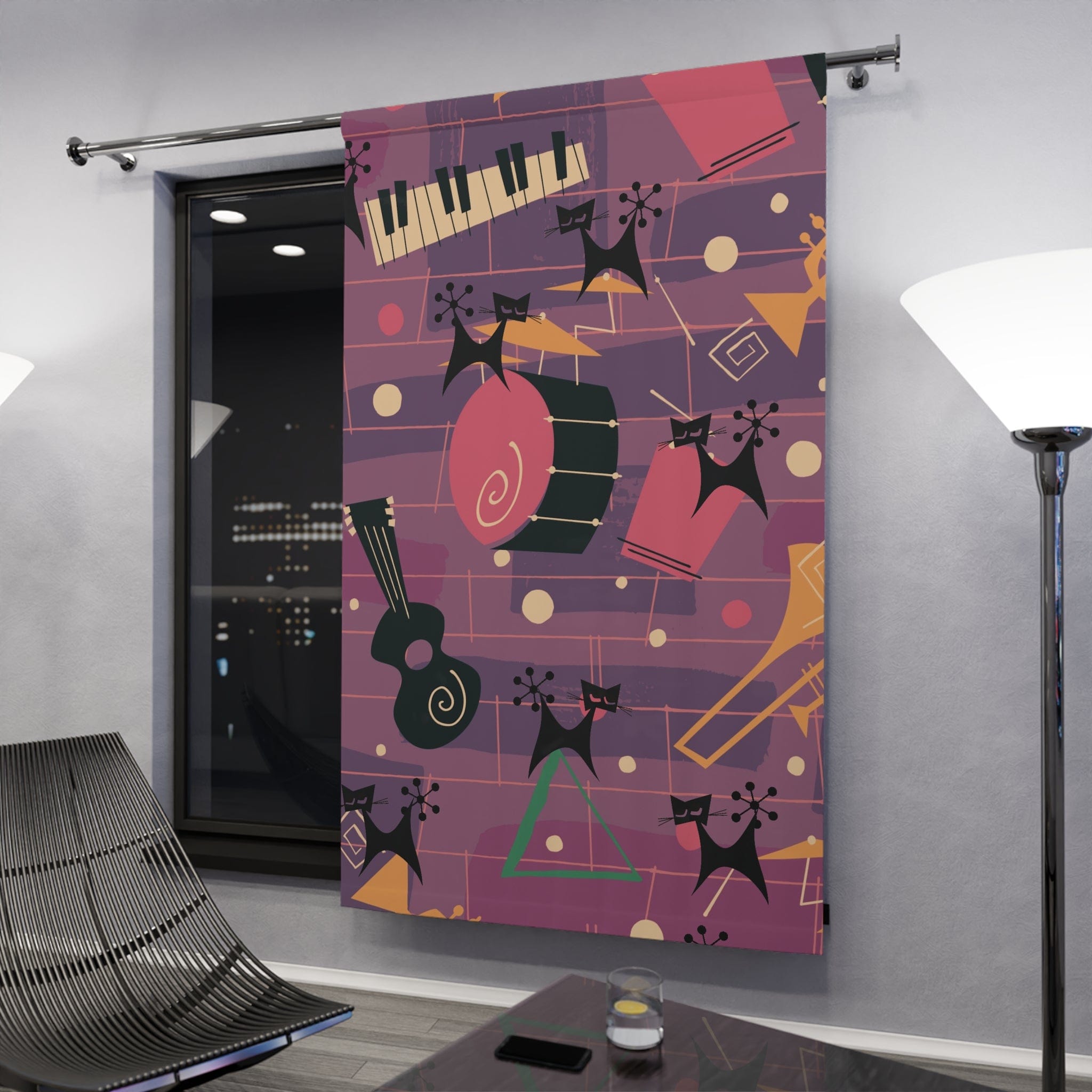Jazzy Snazzy Atomic Cats, Music Lover, Mid Century Modern Retro Window Curtains (1 Piece) Home Decor Blackout / 50" × 84"