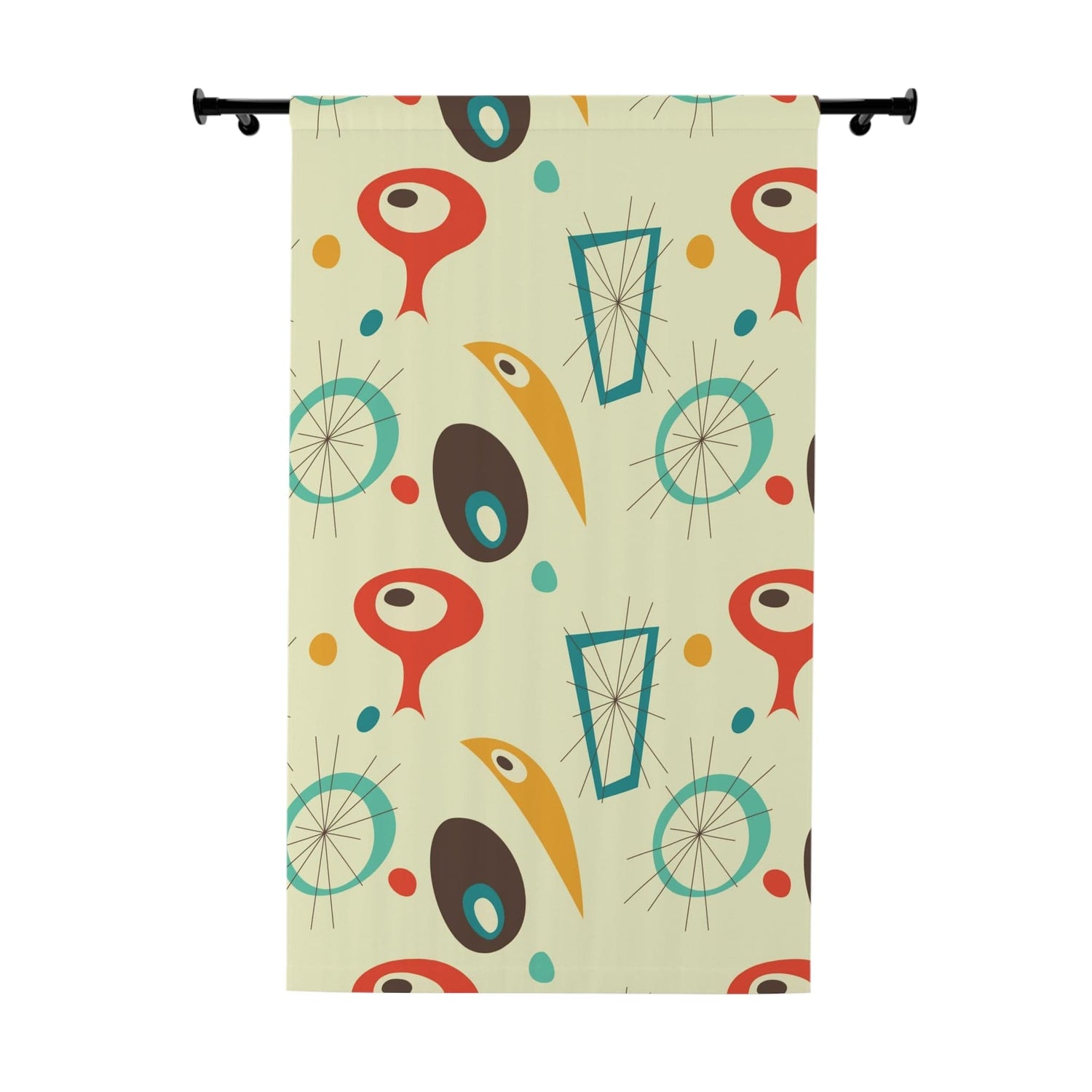 Mid Century Modern Abstract, Geometric, Starbursts, MCM Black Out Window Curtain, Mustard Yellow, Burnt Orange, Aqua, Teal Home Decor Blackout / 50" × 84"
