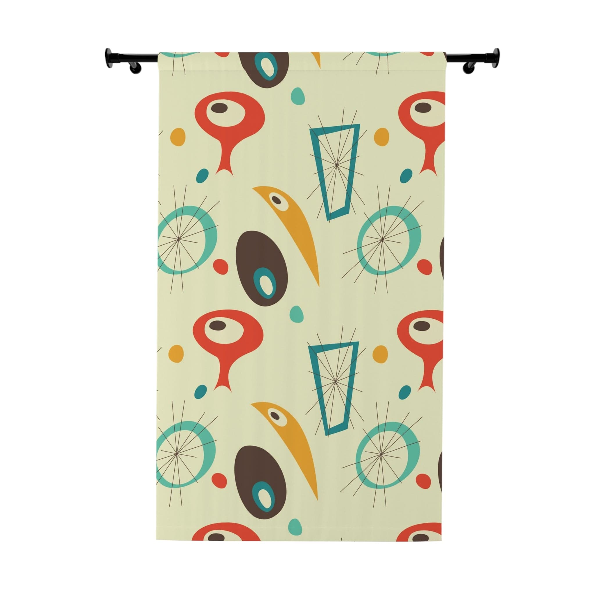 Mid Century Modern Abstract, Geometric, Starbursts, MCM Black Out Window Curtain, Mustard Yellow, Burnt Orange, Aqua, Teal Home Decor Blackout / 50" × 84"