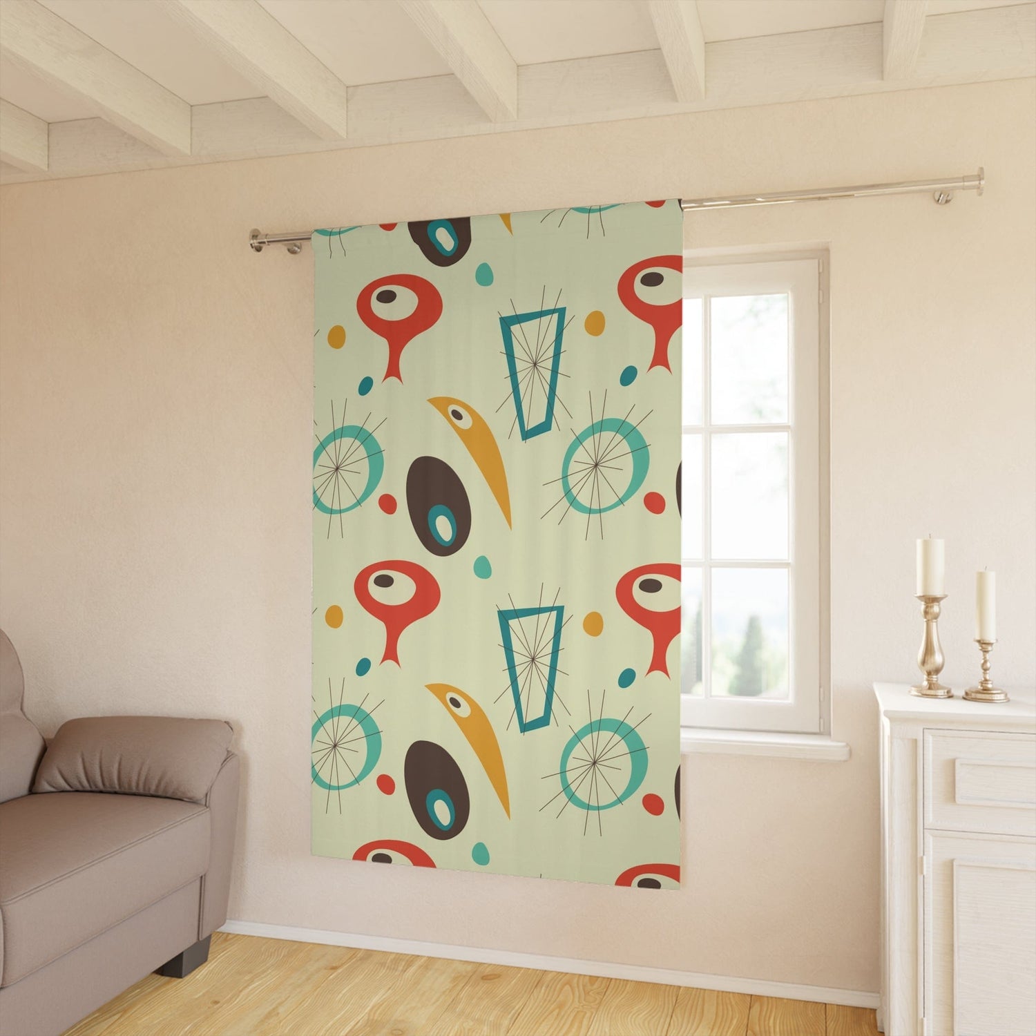 Mid Century Modern Abstract, Geometric, Starbursts, MCM Black Out Window Curtain, Mustard Yellow, Burnt Orange, Aqua, Teal Home Decor Blackout / 50" × 84"