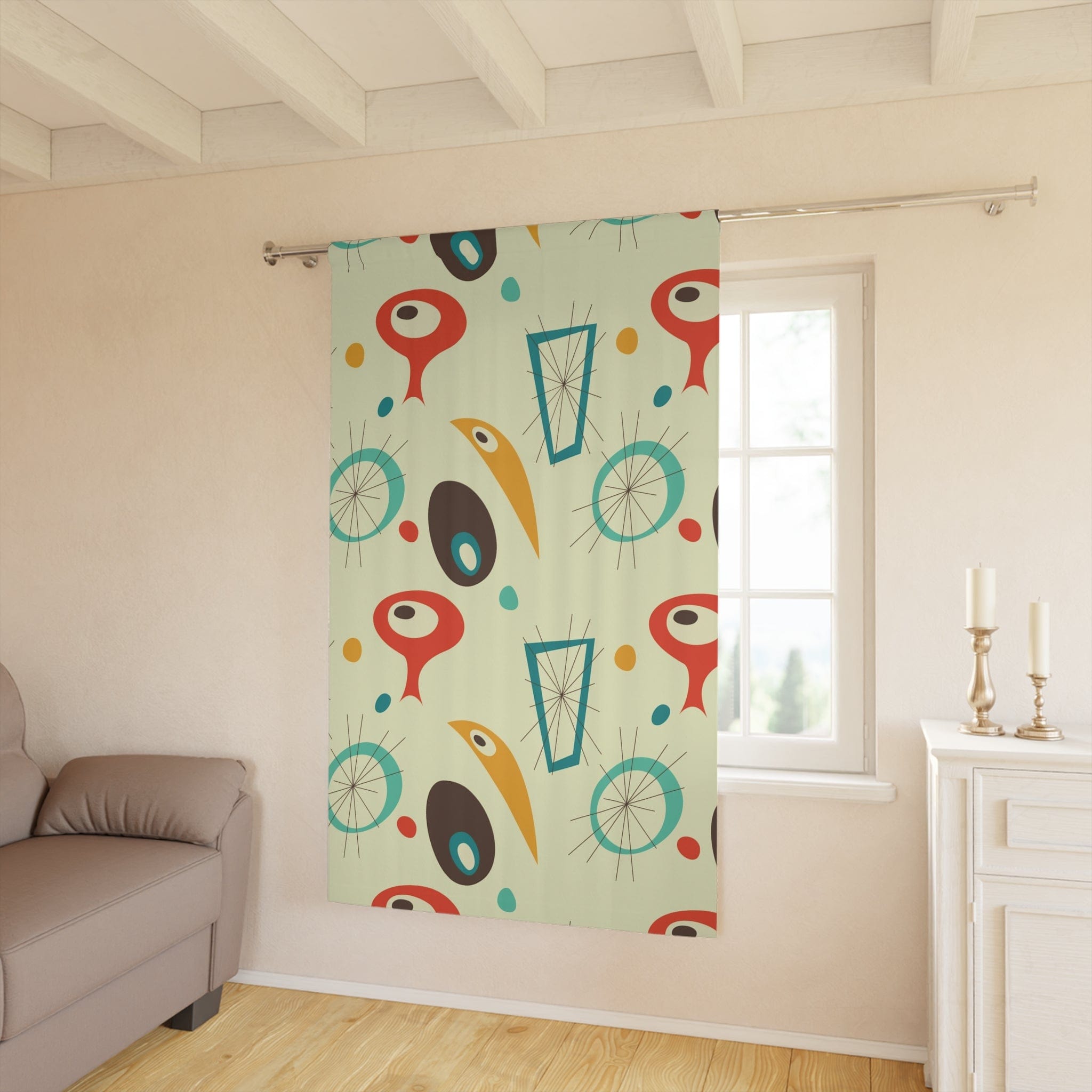 Mid Century Modern Abstract, Geometric, Starbursts, MCM Black Out Window Curtain, Mustard Yellow, Burnt Orange, Aqua, Teal Home Decor Blackout / 50" × 84"