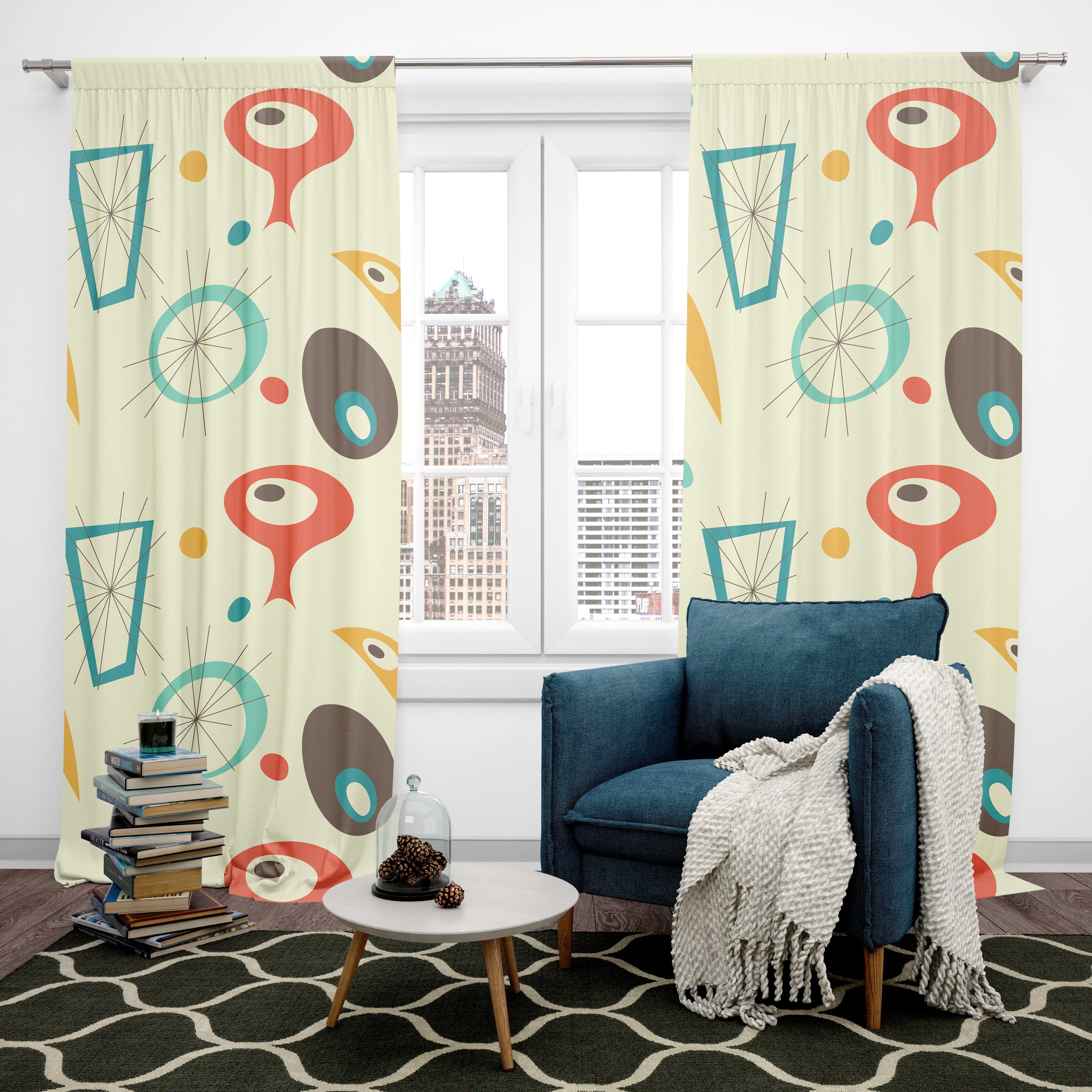 Mid Century Modern Abstract, Geometric, Starbursts, MCM Black Out Window Curtain, Mustard Yellow, Burnt Orange, Aqua, Teal Home Decor Blackout / 50" × 84"