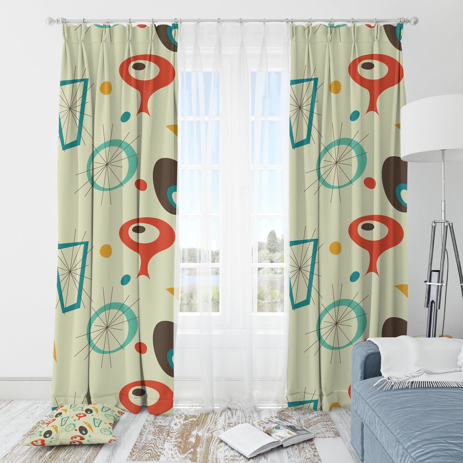 Mid Century Modern Abstract, Geometric, Starbursts, MCM Black Out Window Curtain, Mustard Yellow, Burnt Orange, Aqua, Teal Home Decor Blackout / 50" × 84"