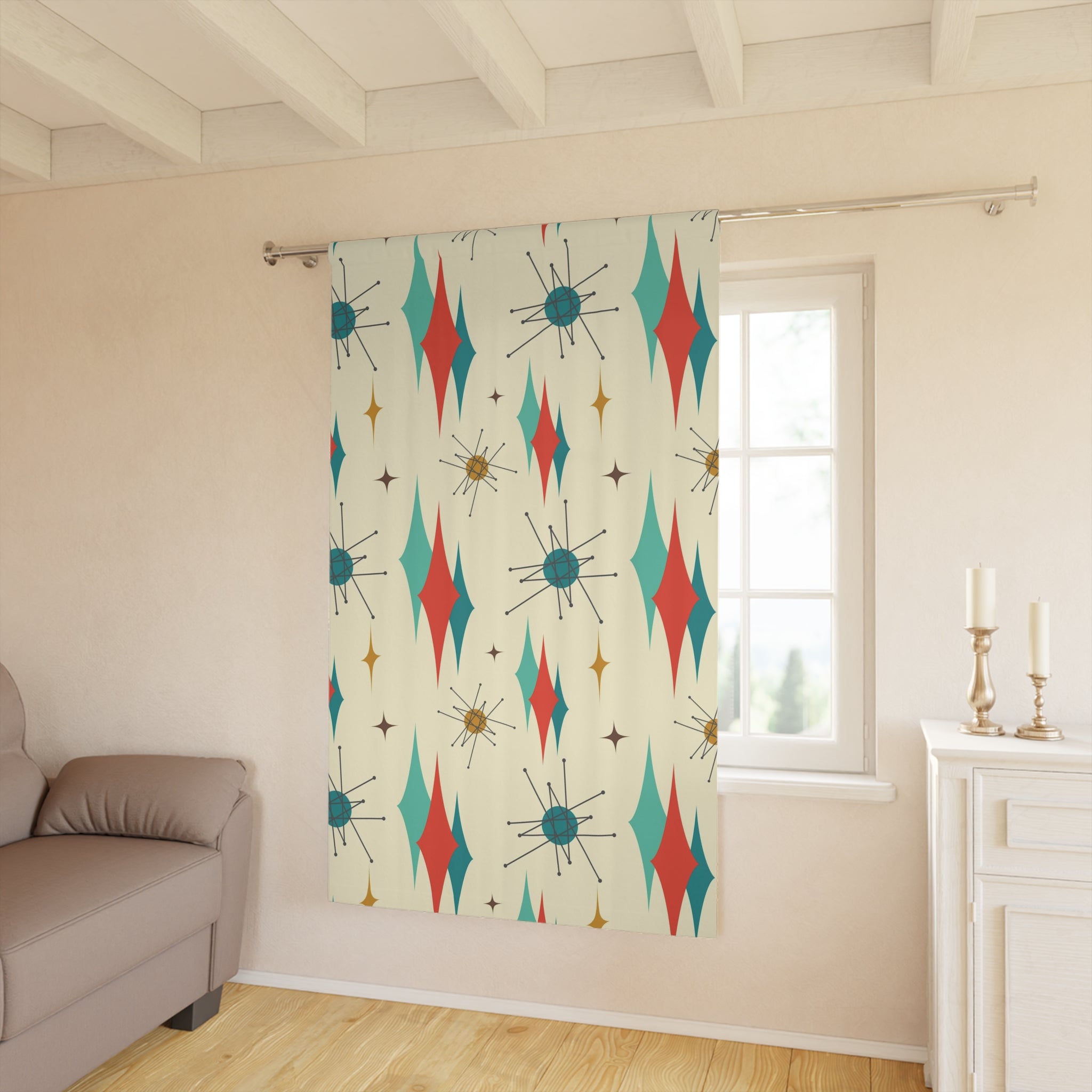 Mid Century Modern Atomic Franciscan 50s Modern Beige, Aqua Teal, Burnt Orange, Blackout Window Curtains (1 Piece) Home Decor Blackout / 50" × 84"