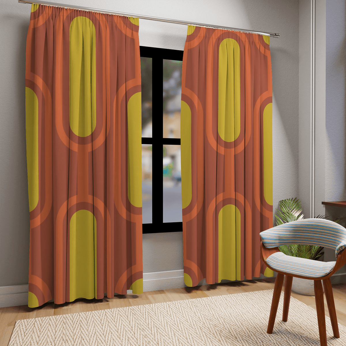 Mid Century Modern Burnt Orange, Mustard Yellow Groovy Retro Window Curtains (1 Piece) Home Decor Blackout / 50" × 84"