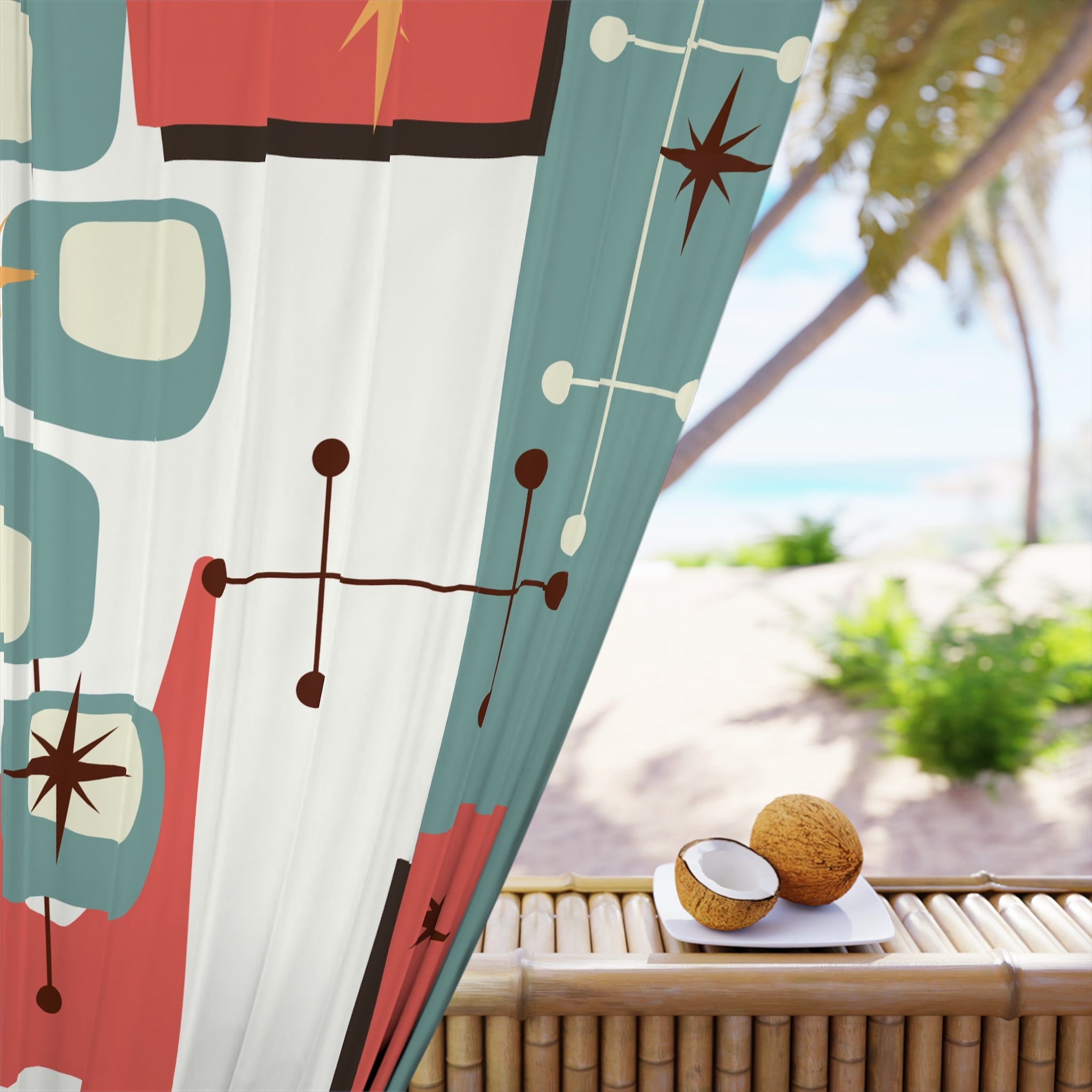 Mid Century Modern Curtains Atomic, Geometrics, Abstract Designed, Retro, Coral, Beige, Yellow, Brown, MCM Home Decor Window Curtain Home Decor Blackout / 50" × 84"