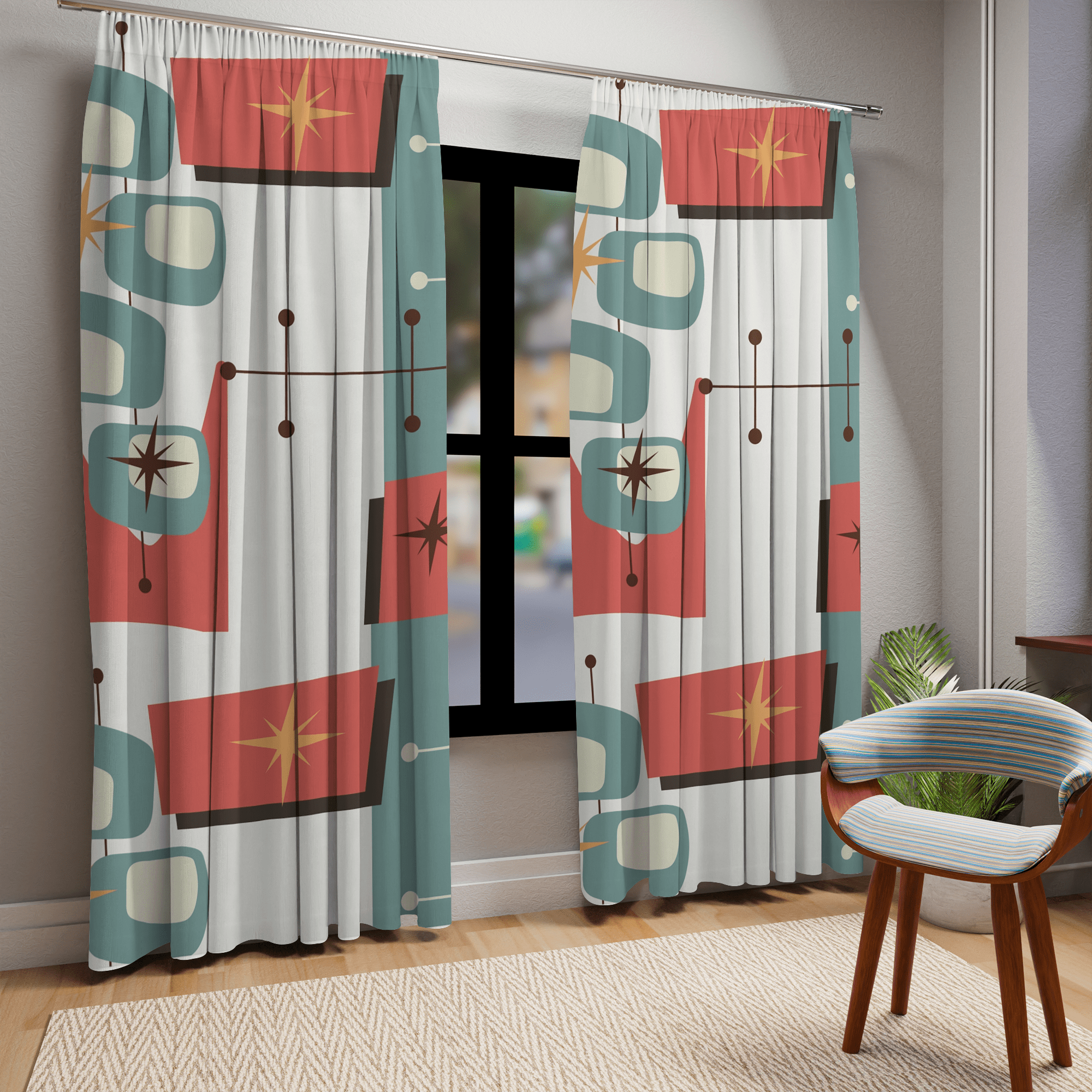 Mid Century Modern Curtains Atomic, Geometrics, Abstract Designed, Retro, Coral, Beige, Yellow, Brown, MCM Home Decor Window Curtain Home Decor Blackout / 50" × 84"