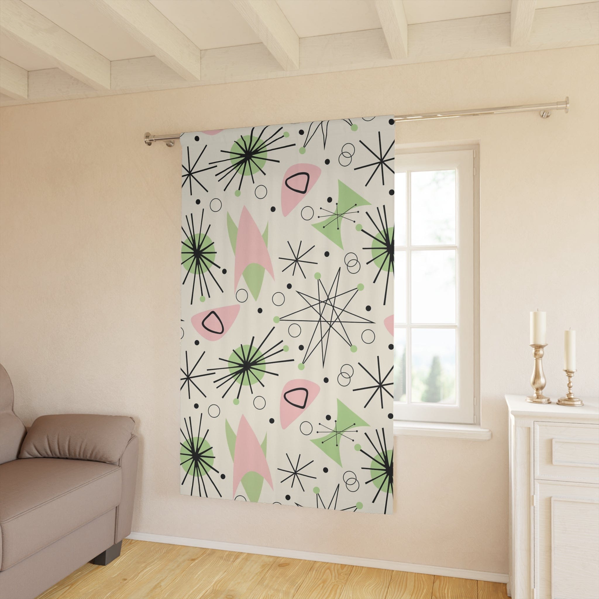 Mid Century Modern Custom Window Curtains, Atomic Pink, Green, Astro Sputnik Starburst, Space Age, MCM Window Curtains Home Decor Blackout / 50" × 84"
