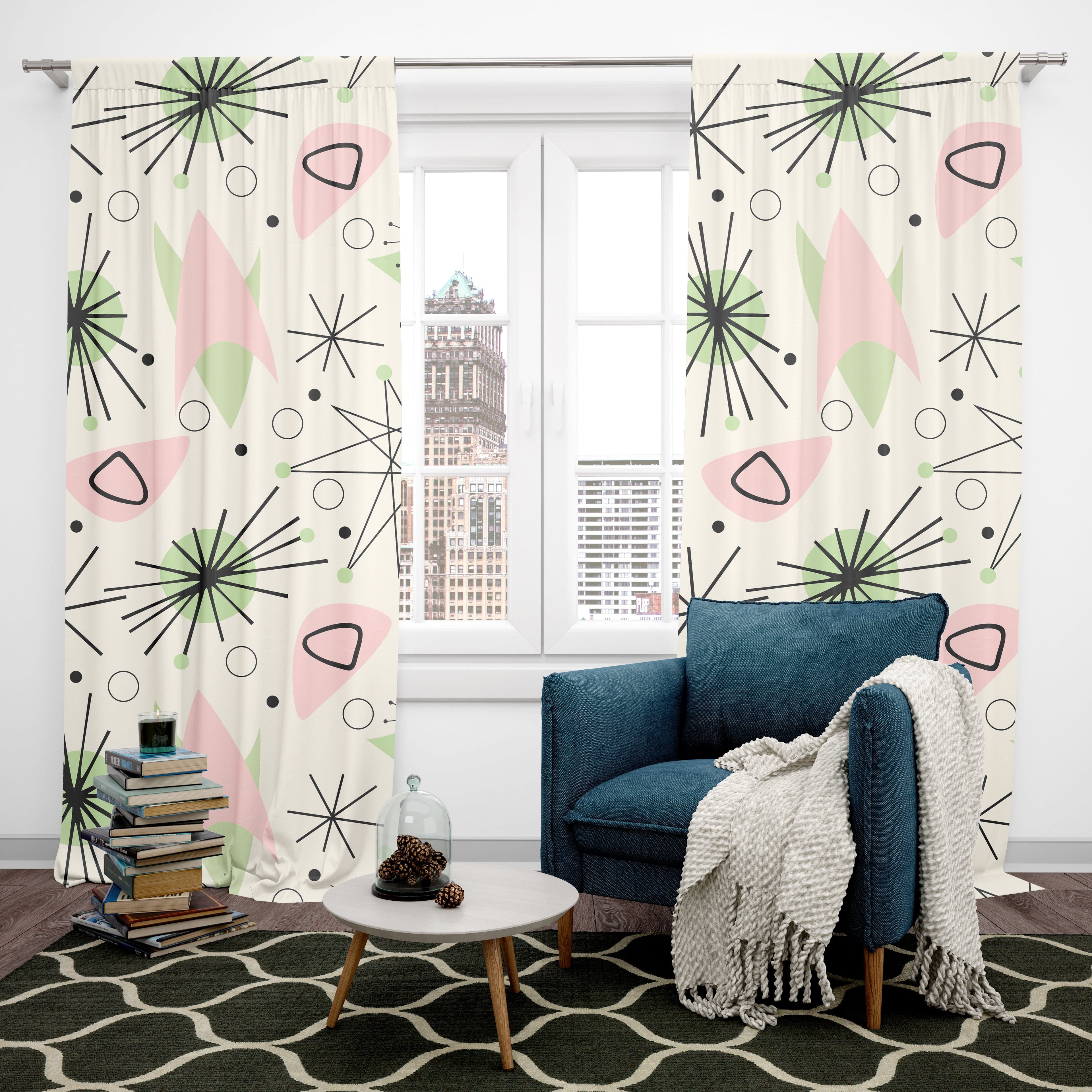 Mid Century Modern Custom Window Curtains, Atomic Pink, Green, Astro Sputnik Starburst, Space Age, MCM Window Curtains Home Decor Blackout / 50" × 84"