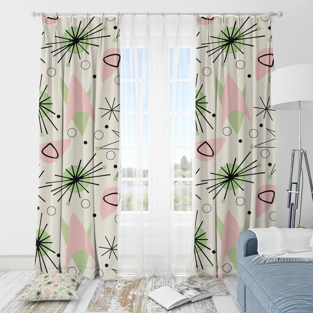 Mid Century Modern Custom Window Curtains, Atomic Pink, Green, Astro Sputnik Starburst, Space Age, MCM Window Curtains Home Decor Blackout / 50" × 84"