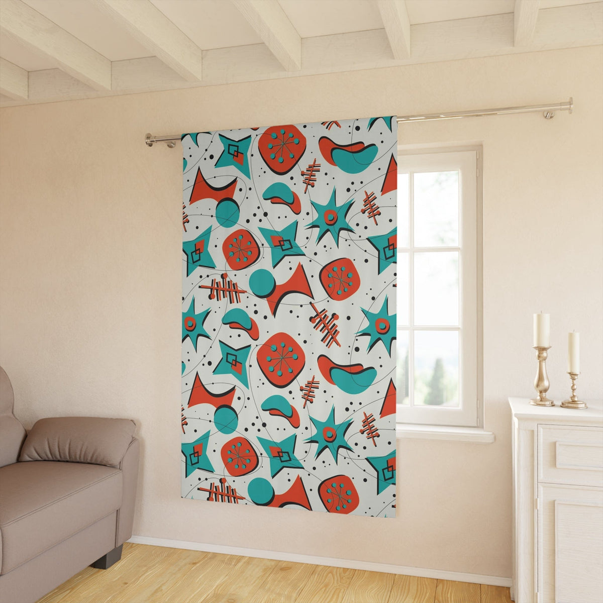 Mid Century Modern Designed Kitschy 50's Mod Curtains, Teal Blue, Red, Sputnik, Boomernang Starbursts, WOW Your Window Curtain Home Decor Blackout / 50" × 84"