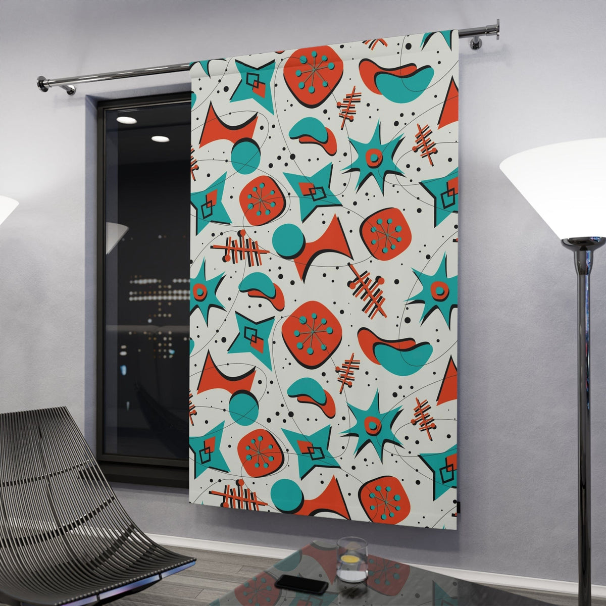 Mid Century Modern Designed Kitschy 50's Mod Curtains, Teal Blue, Red, Sputnik, Boomernang Starbursts, WOW Your Window Curtain Home Decor Blackout / 50" × 84"