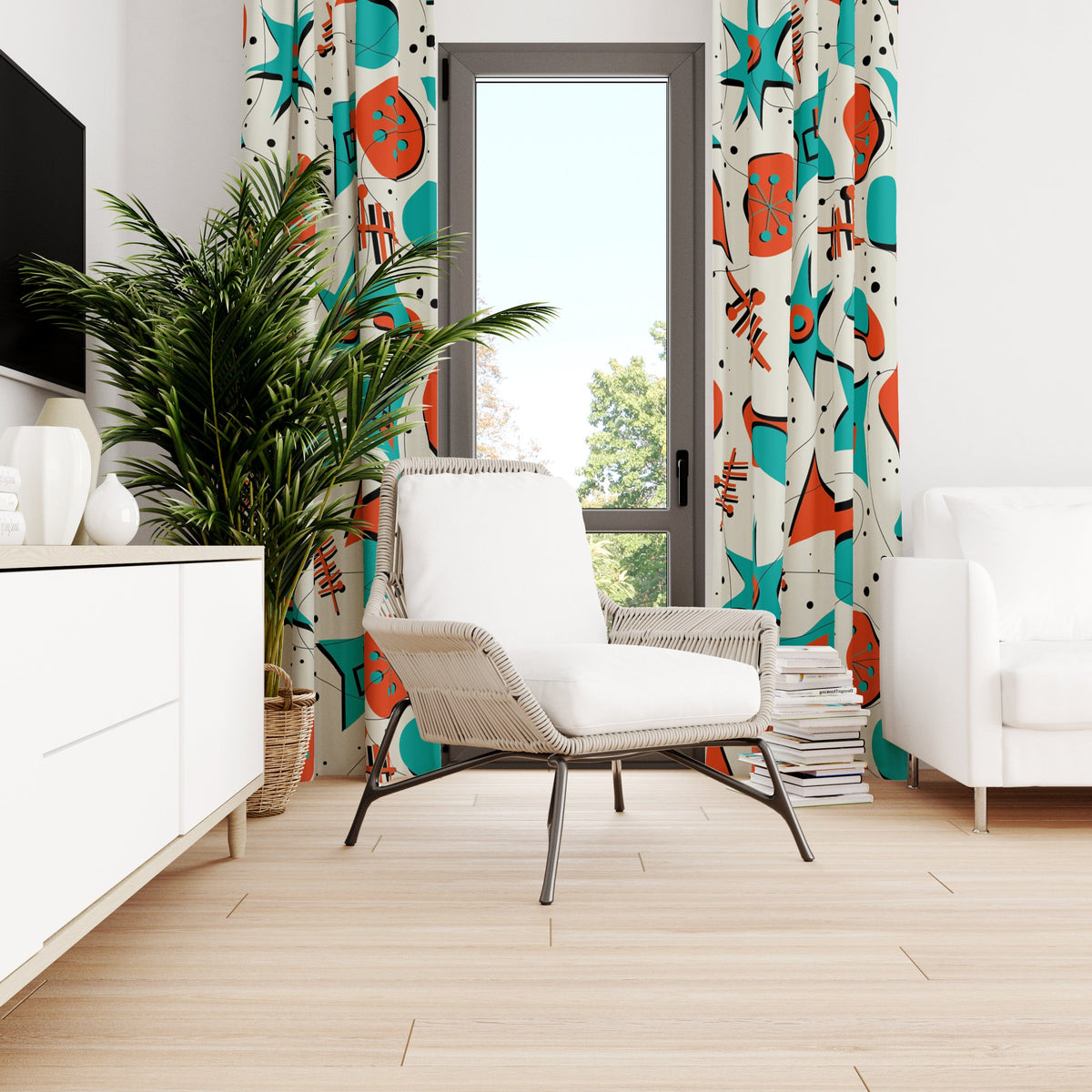 Mid Century Modern Designed Kitschy 50's Mod Curtains, Teal Blue, Red, Sputnik, Boomernang Starbursts, WOW Your Window Curtain Home Decor Blackout / 50" × 84"