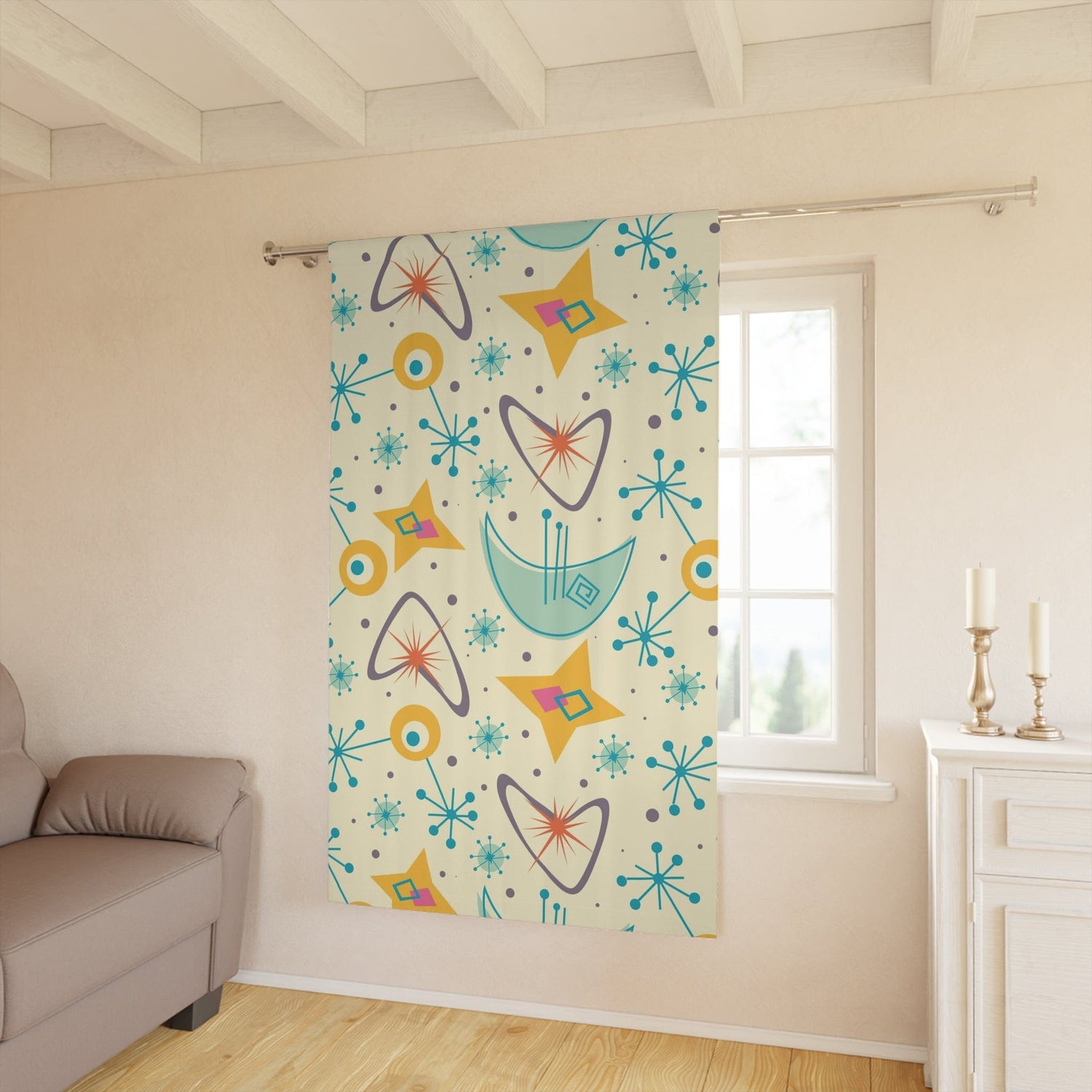 Mid Century Modern Designs, Atomic Boomerang, Space Age, Sputnik, Atomic Starburst, MCM Window Curtains (1 Piece) Home Decor Blackout / 50" × 84"