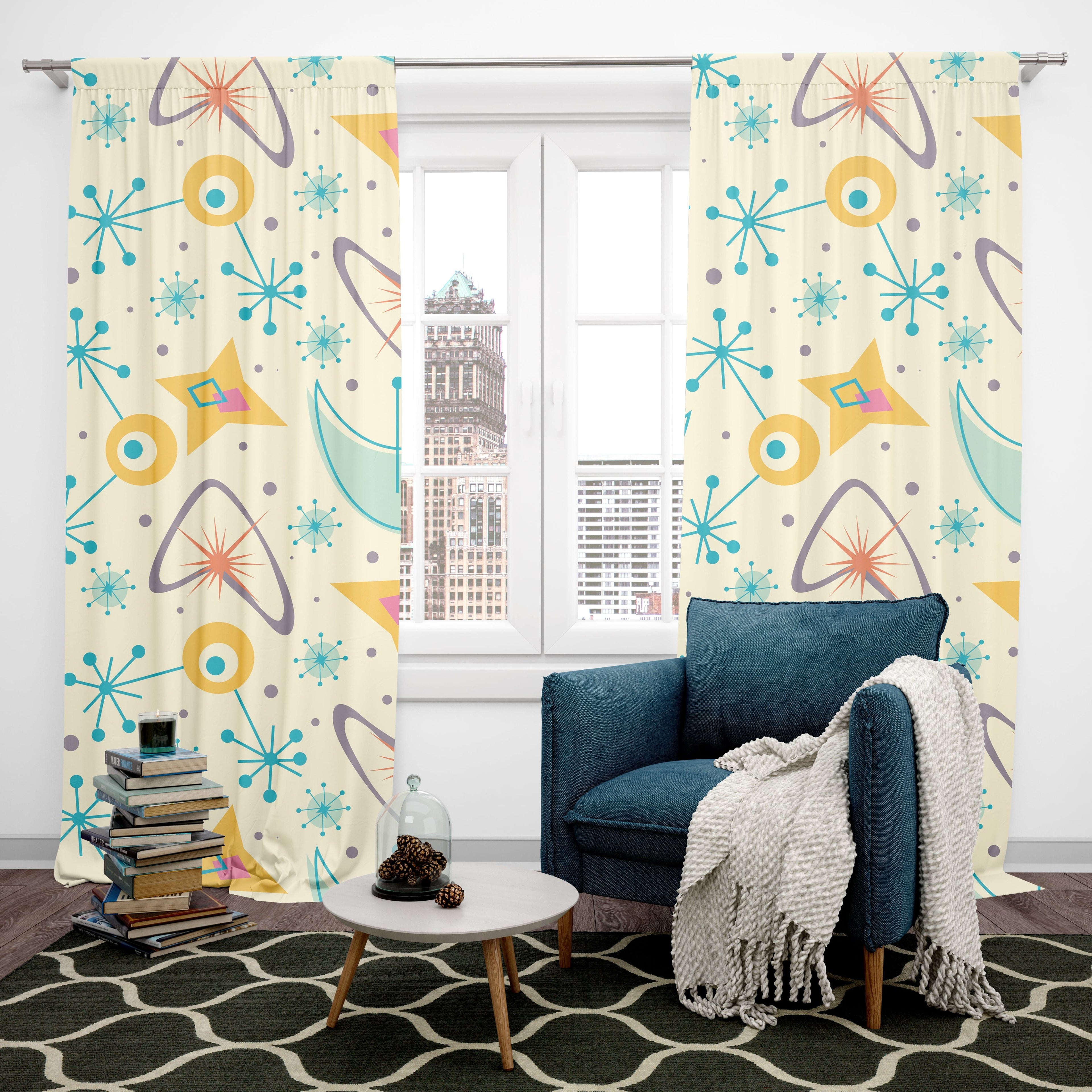 Mid Century Modern Designs, Atomic Boomerang, Space Age, Sputnik, Atomic Starburst, MCM Window Curtains (1 Piece) Home Decor Blackout / 50" × 84"