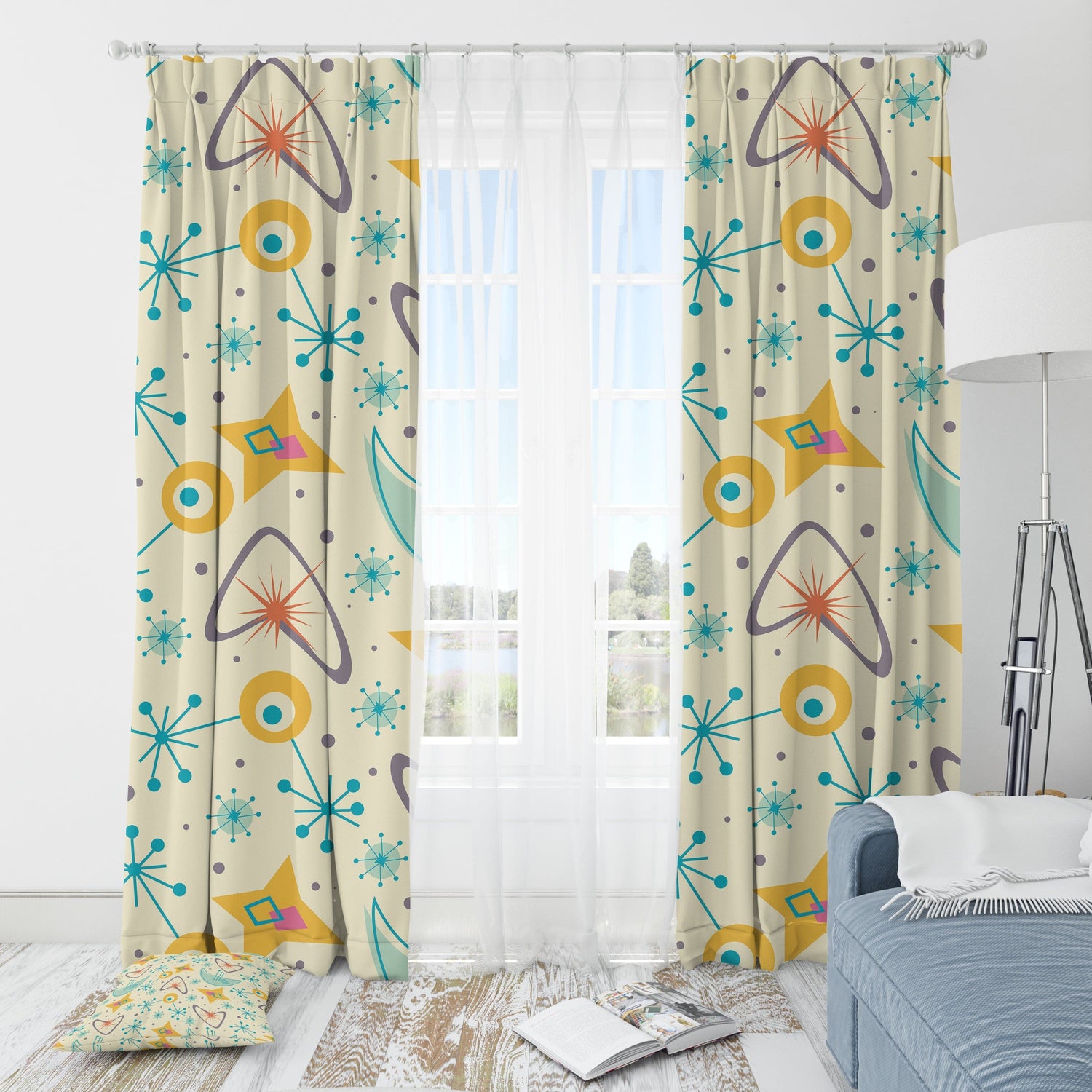 Mid Century Modern Designs, Atomic Boomerang, Space Age, Sputnik, Atomic Starburst, MCM Window Curtains (1 Piece) Home Decor Blackout / 50" × 84"