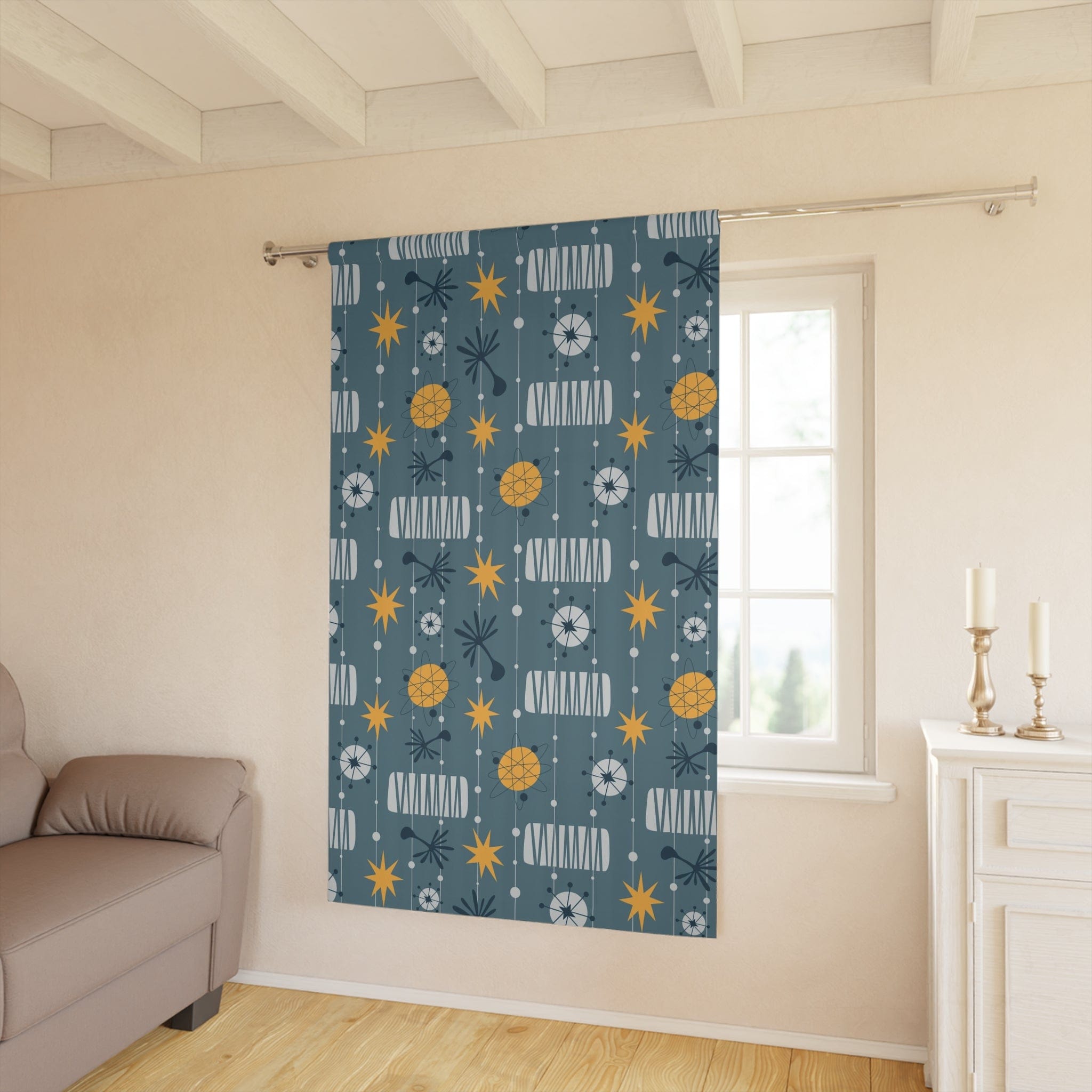 Mid Century Modern Designs, Black Out Window Curtain With Yellow Franciscan Starburst, Linear Lines, Stars Retro Home Decor Home Decor Blackout / 50" × 84"