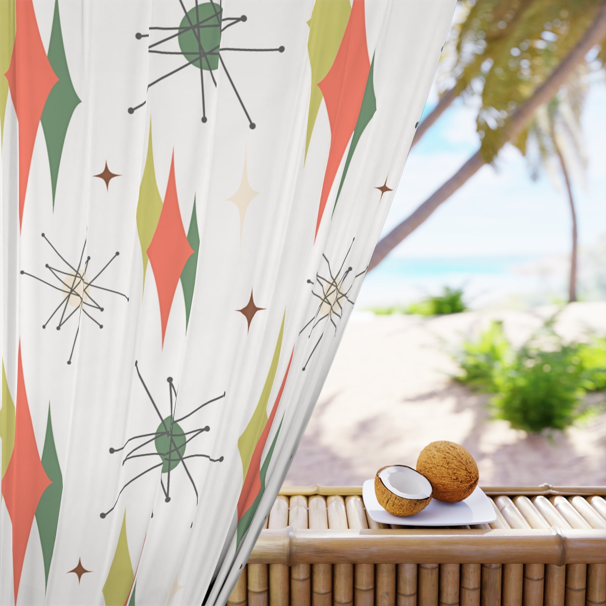 Mid Century Modern Franciscan Pattern, Orange, Green, Starbursts 50s Style Window Curtains (1 Piece) Home Decor Blackout / 50" × 84"