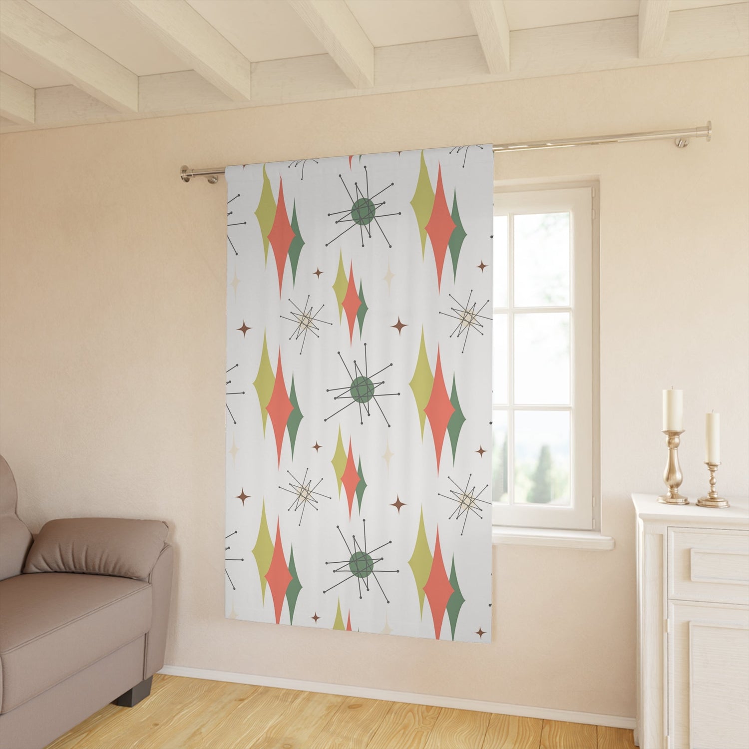Mid Century Modern Franciscan Pattern, Orange, Green, Starbursts 50s Style Window Curtains (1 Piece) Home Decor Blackout / 50" × 84"