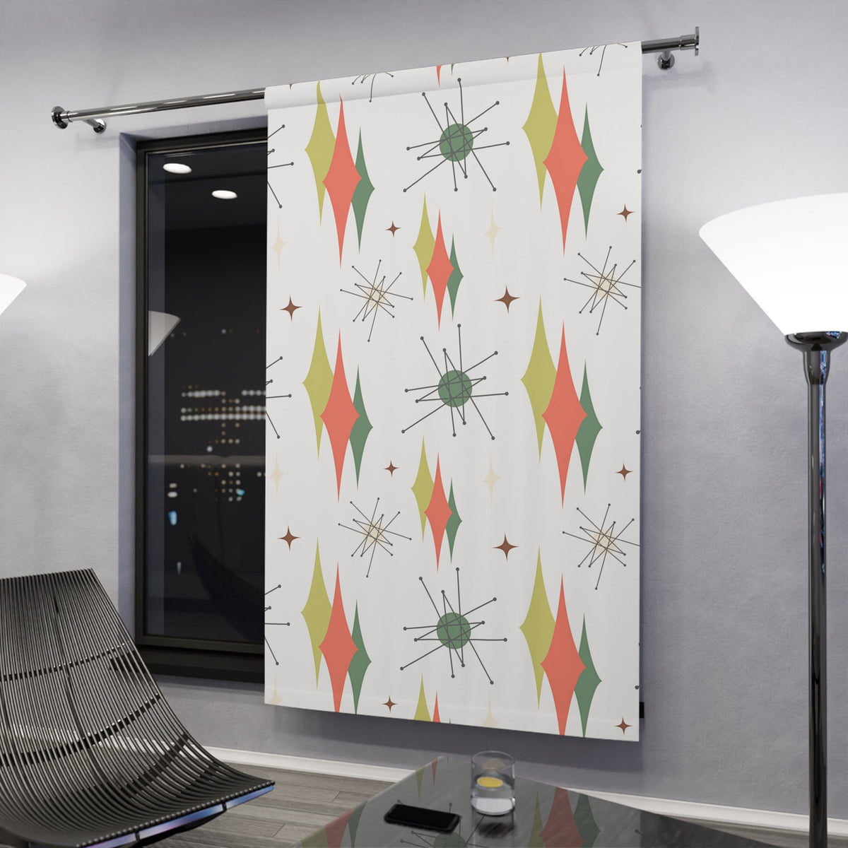 Mid Century Modern Franciscan Pattern, Orange, Green, Starbursts 50s Style Window Curtains (1 Piece) Home Decor Blackout / 50" × 84"