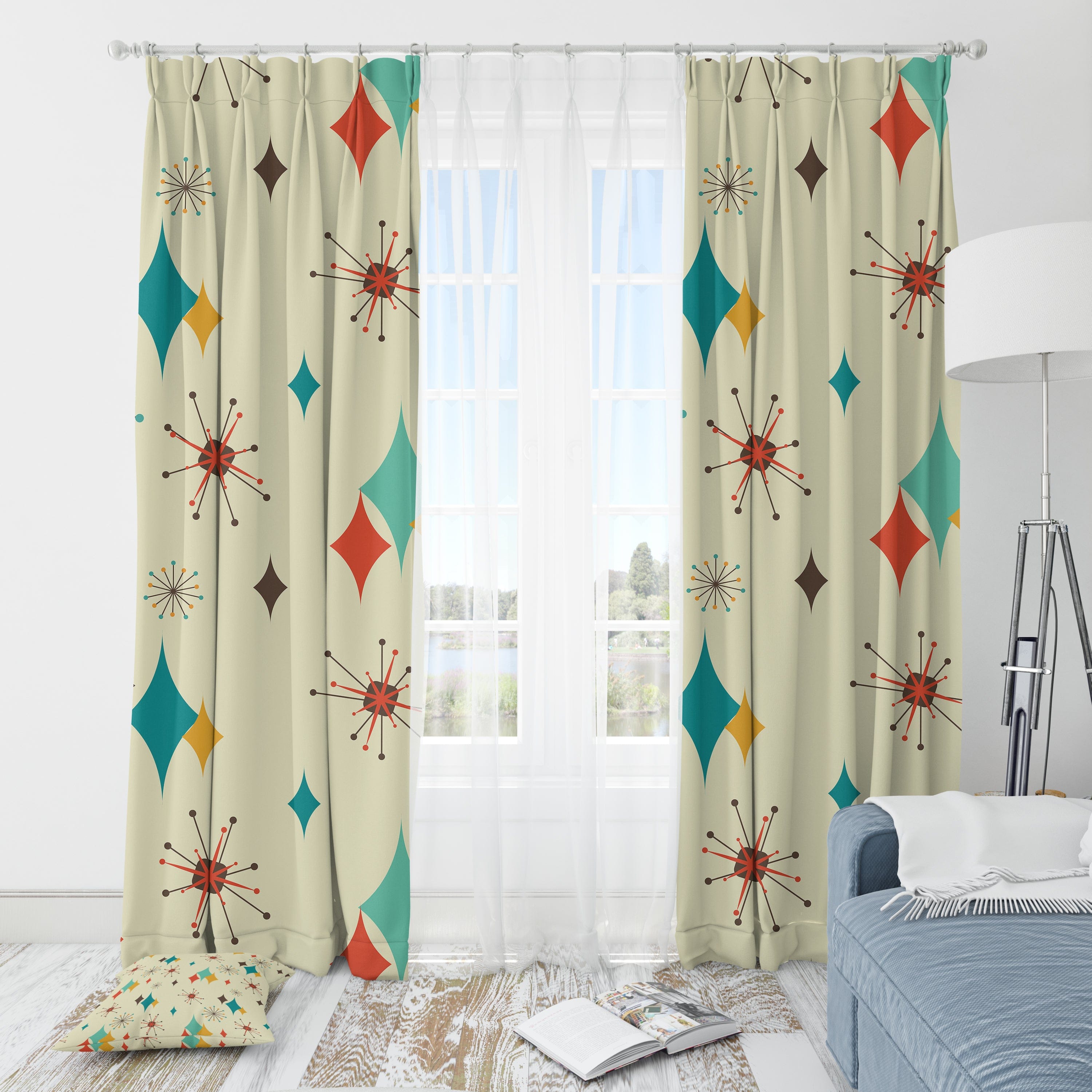 Mid Century Modern Franciscan Starburst, Mid Mod Black Out Window Curtain Home Decor Blackout / 50" × 84"