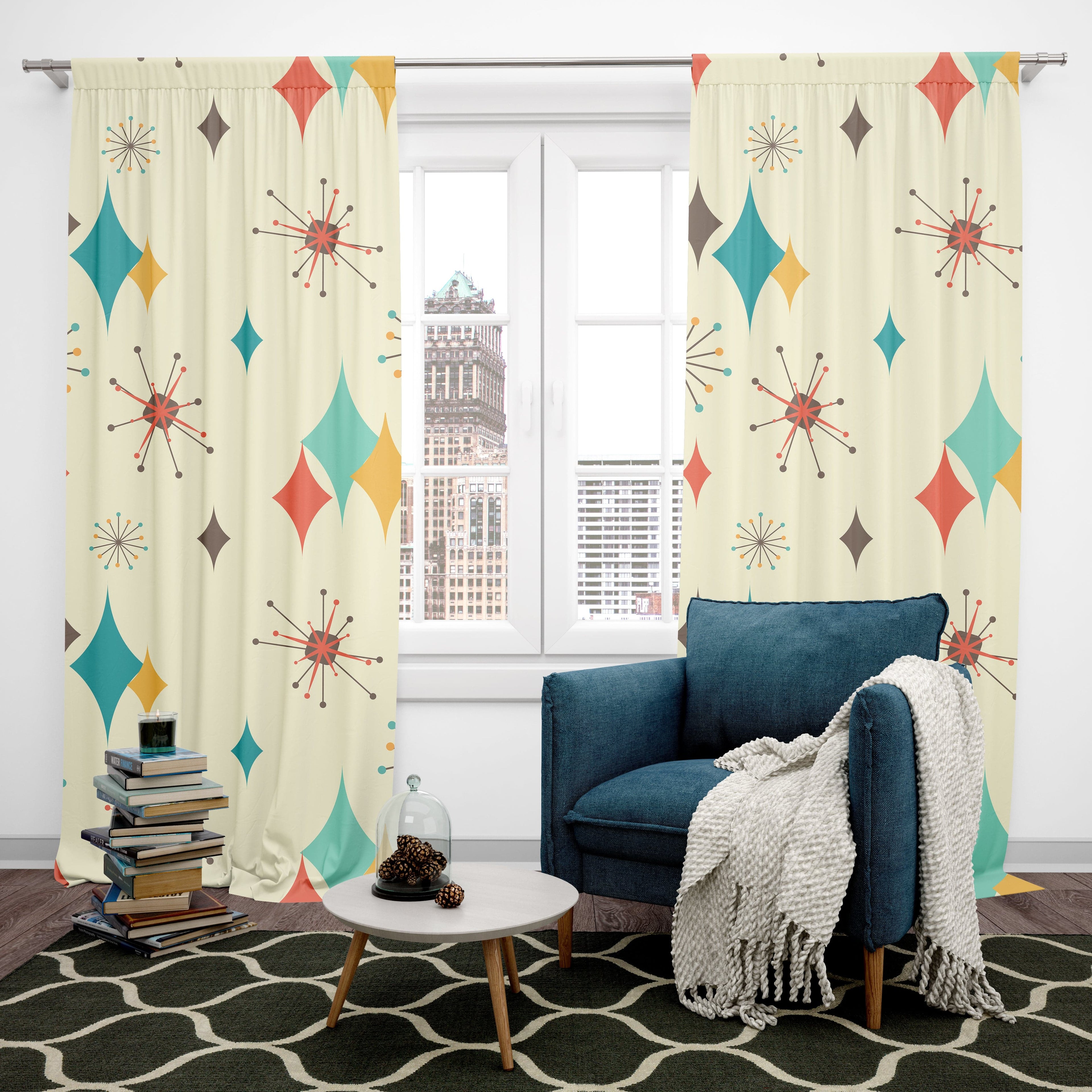 Mid Century Modern Franciscan Starburst, Mid Mod Black Out Window Curtain Home Decor Blackout / 50" × 84"