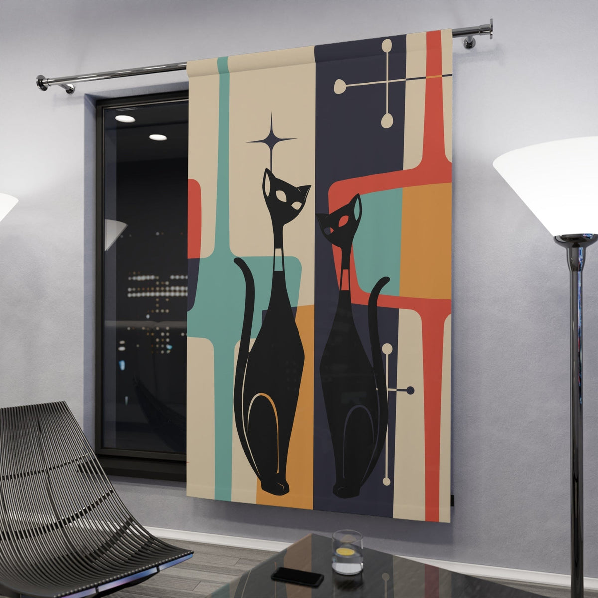 Mid Century Modern Geometric, Charcoal Gray, Mustard Yellow Coral Red, Atomic Him And Her Couples, Retro Mod Window Curtains (1 Piece) Home Decor Blackout / 50" × 84"