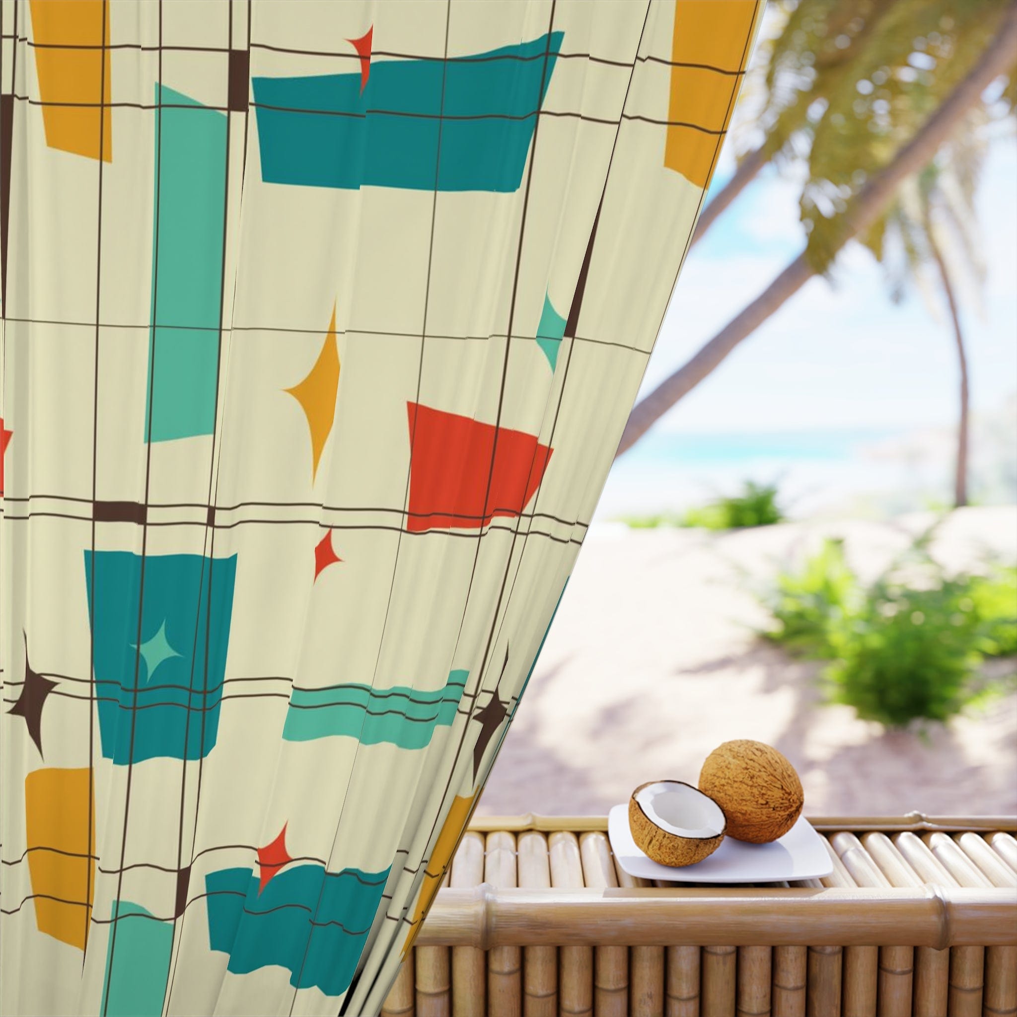 Mid Century Modern Geometric Retro Designs, Black Out Window Curtain Home Decor Blackout / 50" × 84"