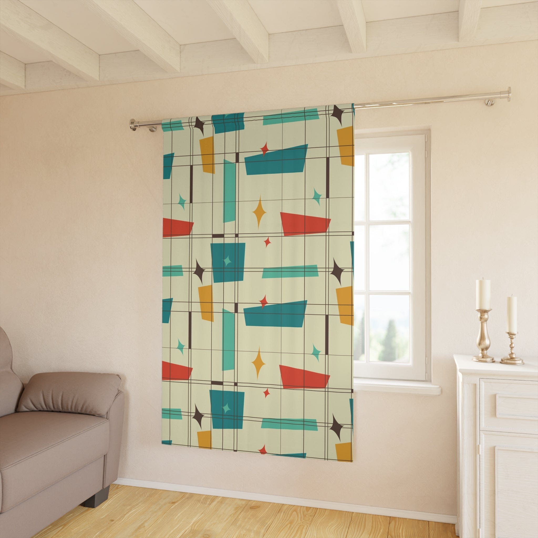 Mid Century Modern Geometric Retro Designs, Black Out Window Curtain Home Decor Blackout / 50" × 84"