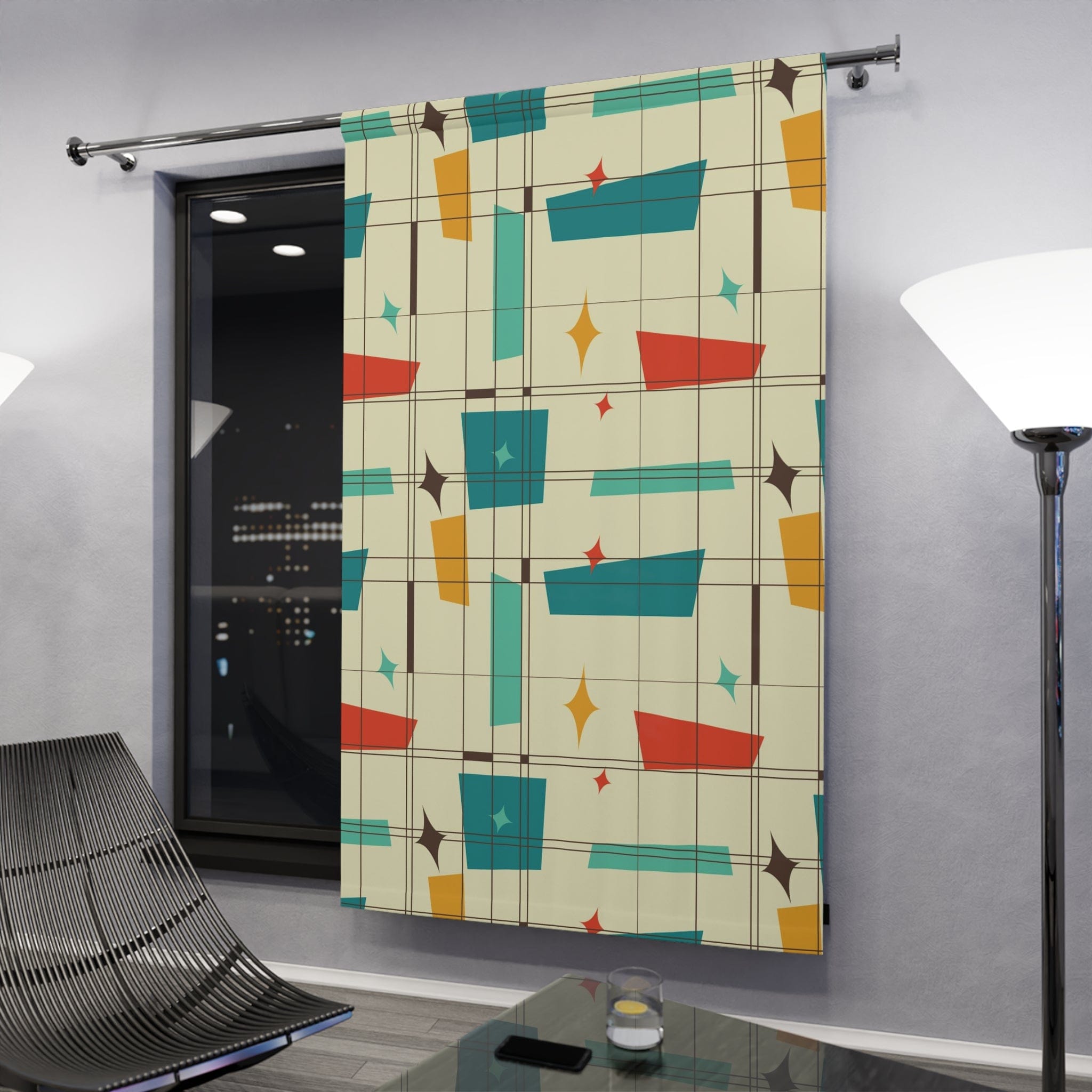 Mid Century Modern Geometric Retro Designs, Black Out Window Curtain Home Decor Blackout / 50" × 84"