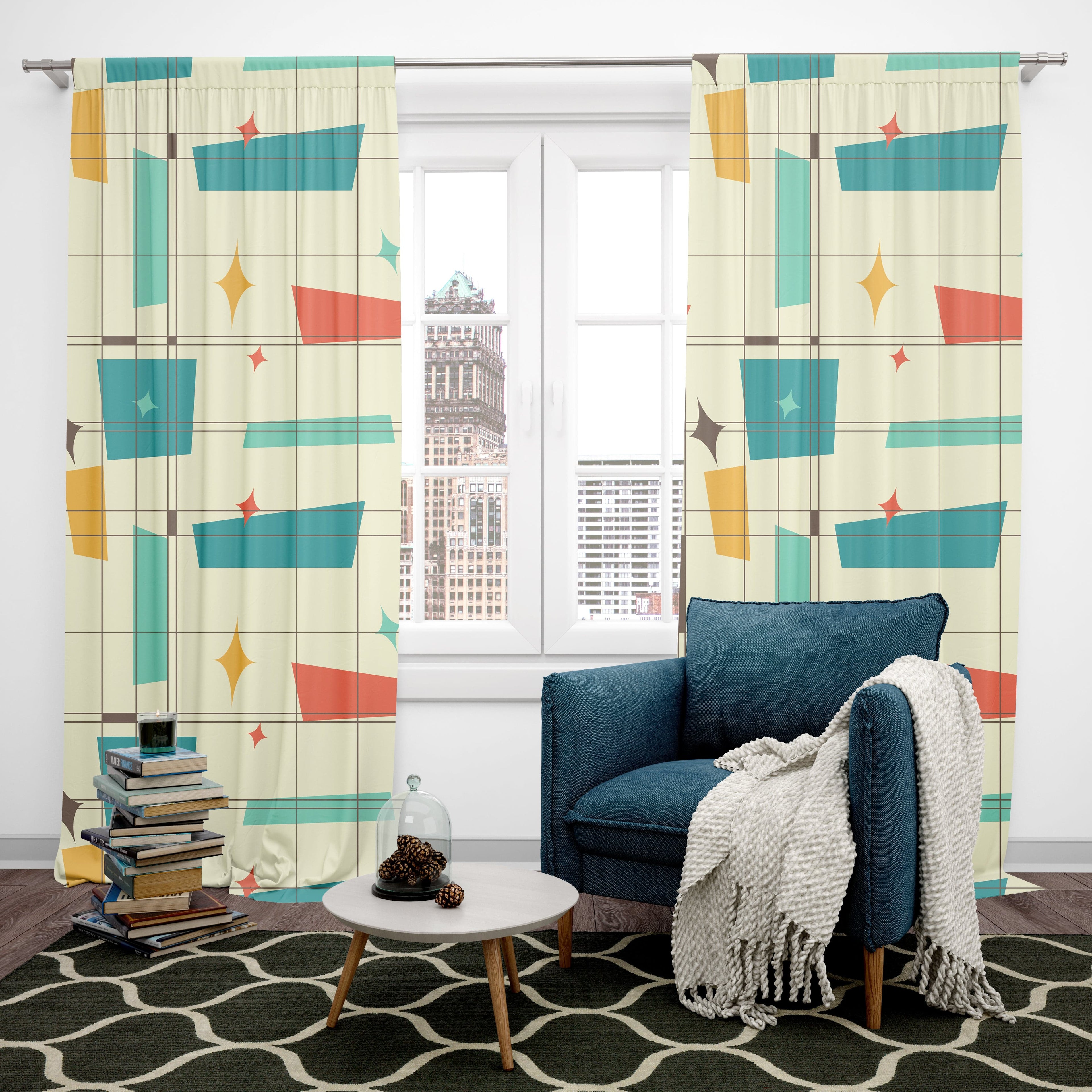 Mid Century Modern Geometric Retro Designs, Black Out Window Curtain Home Decor Blackout / 50" × 84"