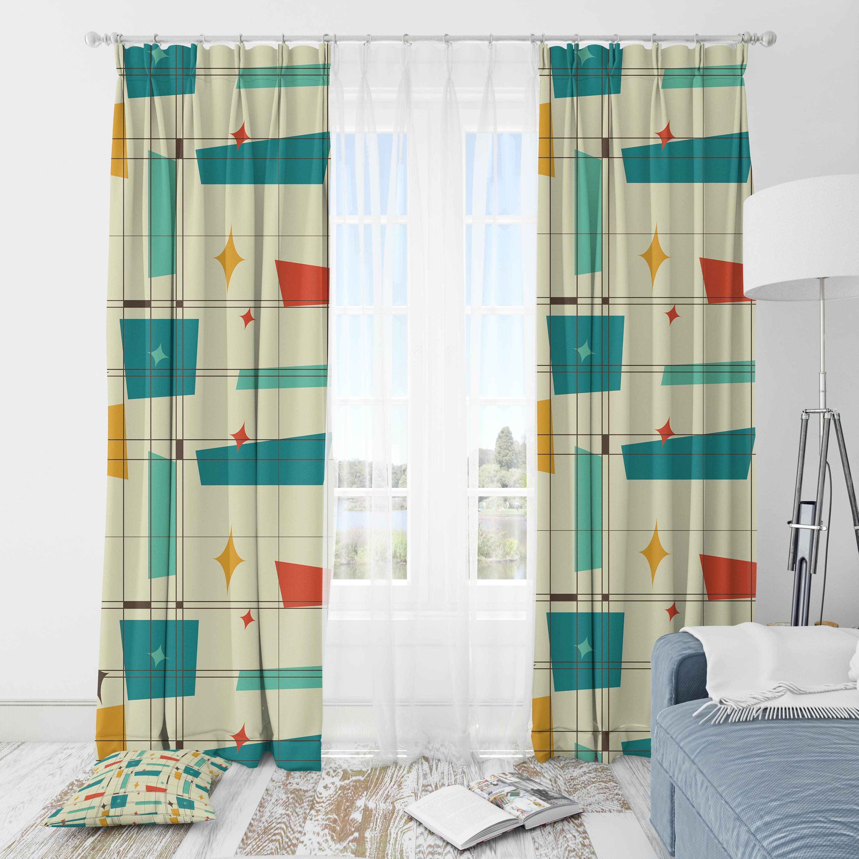 Mid Century Modern Geometric Retro Designs, Black Out Window Curtain Home Decor Blackout / 50" × 84"