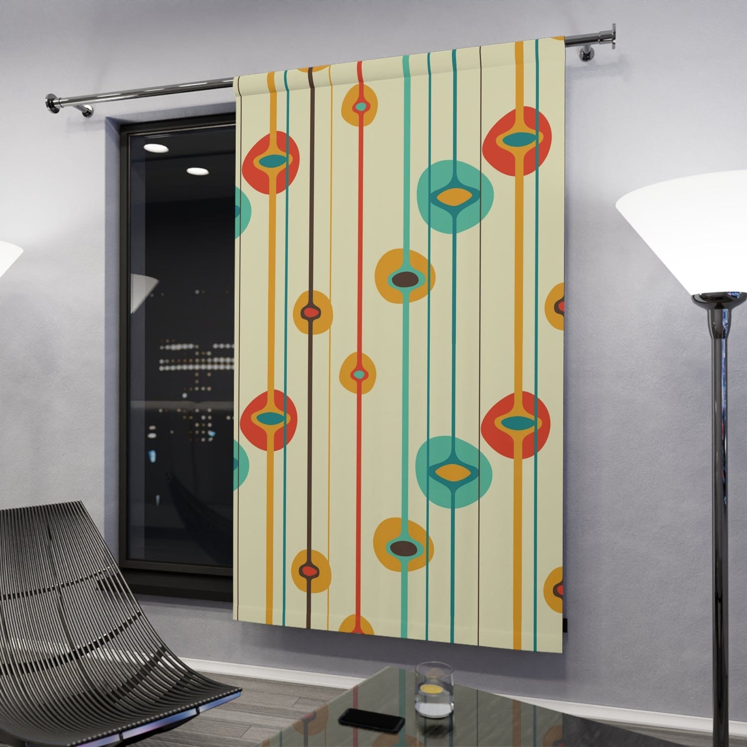 Mid Century Modern Window Curtain, Geometric Stripes, Mustard Yellow, Teal, Burnt Orange MCM Home Decor Home Decor Blackout / 50" × 84"