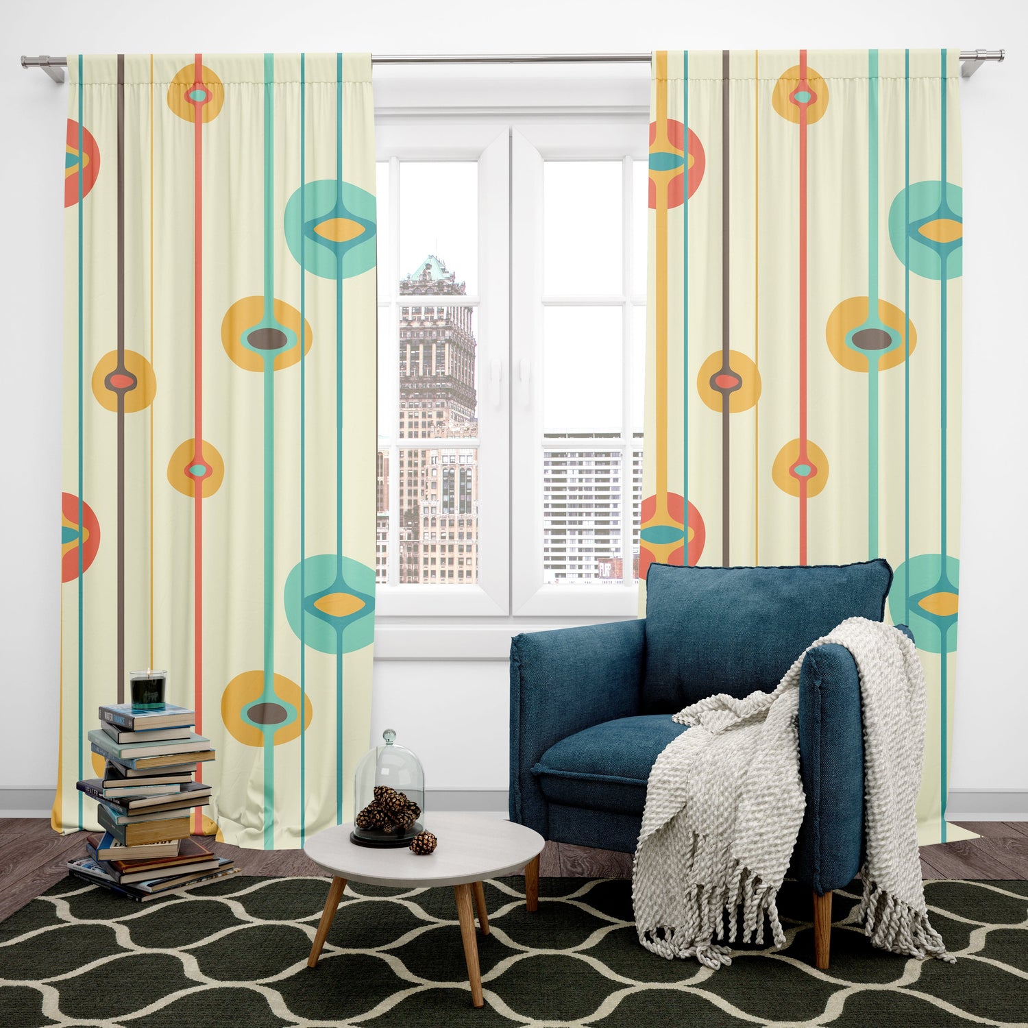 Mid Century Modern Window Curtain, Geometric Stripes, Mustard Yellow, Teal, Burnt Orange MCM Home Decor Home Decor Blackout / 50" × 84"