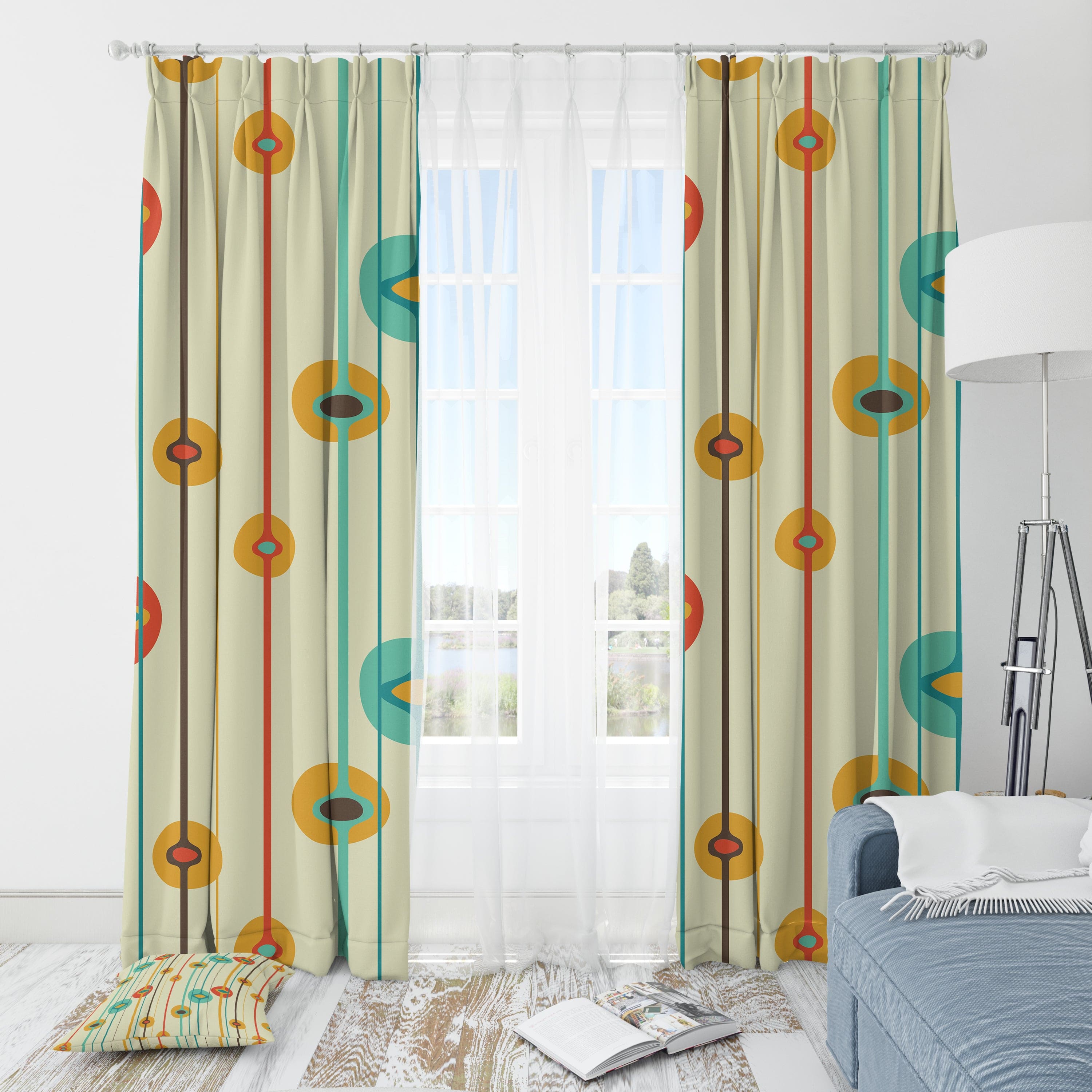 Mid Century Modern Window Curtain, Geometric Stripes, Mustard Yellow, Teal, Burnt Orange MCM Home Decor Home Decor Blackout / 50" × 84"