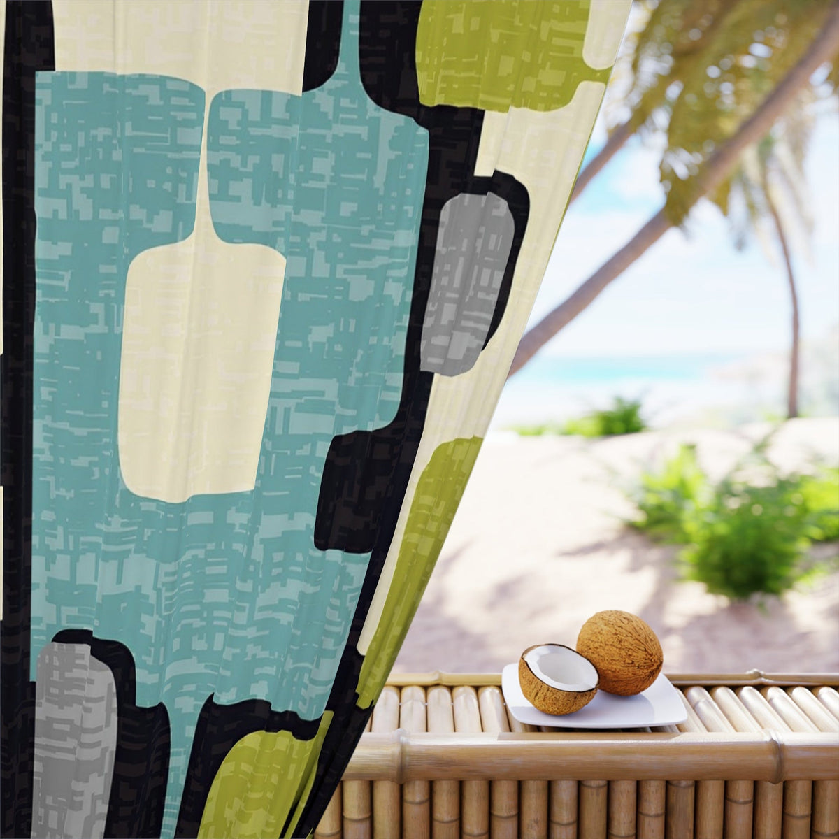 Mid Century Modern Window Curtains, Aqua Blue, Green, Slate Gray, Black Retro Window Curtains (1 Piece) Home Decor Blackout / 50" × 84"