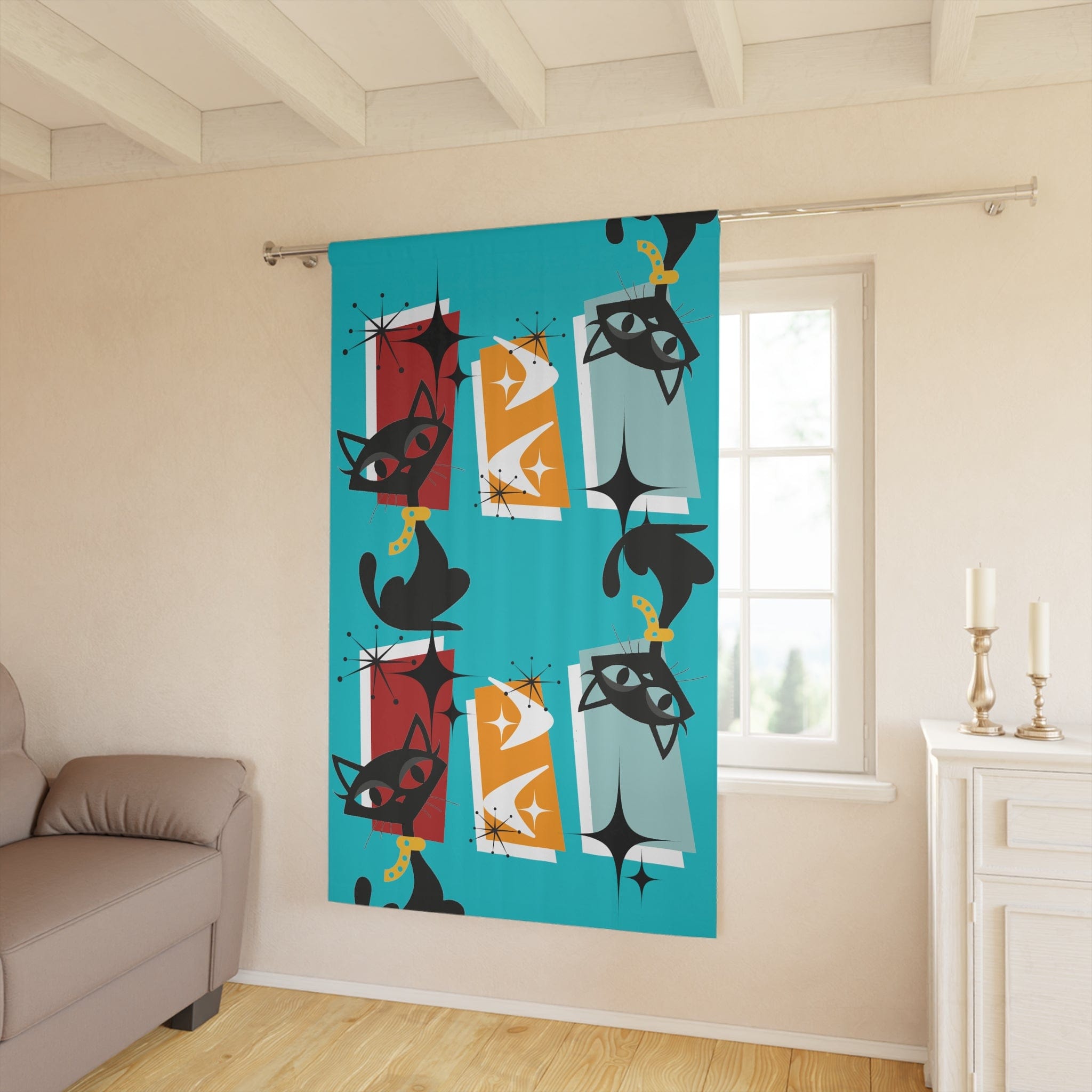 Mid Century Modern Window Curtains With Atomic Cats, Aqua Blue, Kitschy Fun, Geometric, Retro Window Curtains (1 Piece) Home Decor Blackout / 50" × 84"