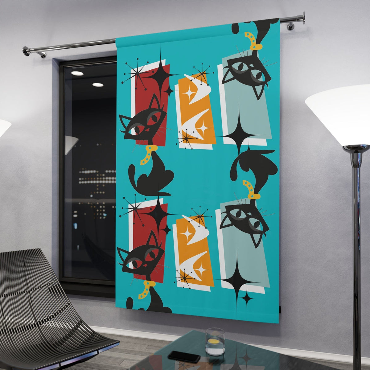 Mid Century Modern Window Curtains With Atomic Cats, Aqua Blue, Kitschy Fun, Geometric, Retro Window Curtains (1 Piece) Home Decor Blackout / 50" × 84"