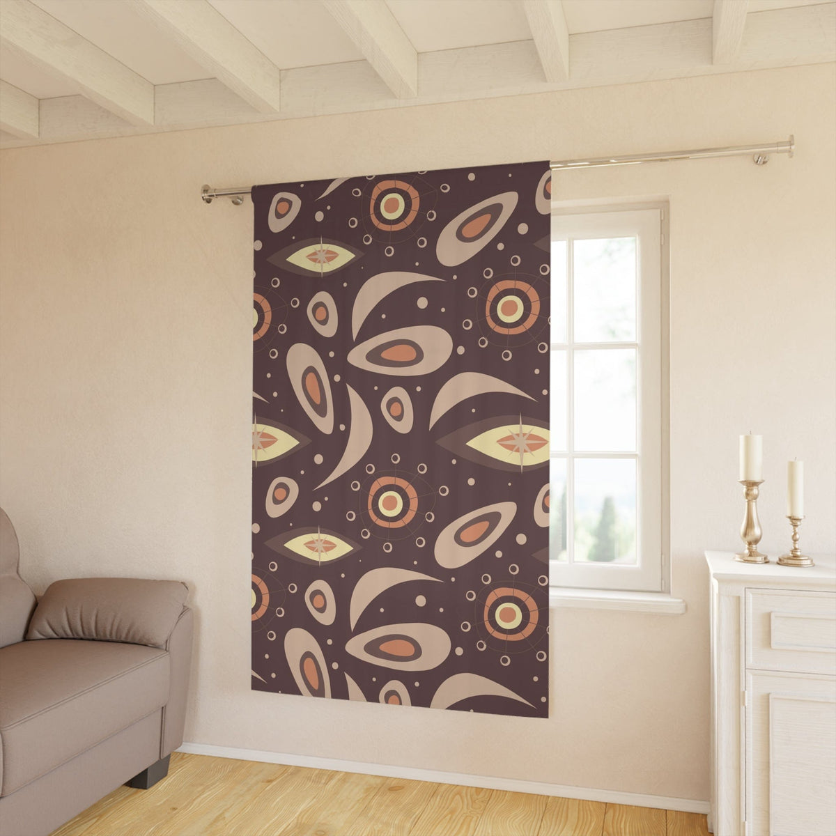 Mid Century Window Curtain, Brown, Lunar Space Age, Starbursts, Boomerangs, MCM Home Decor Home Decor Blackout / 50" × 84"