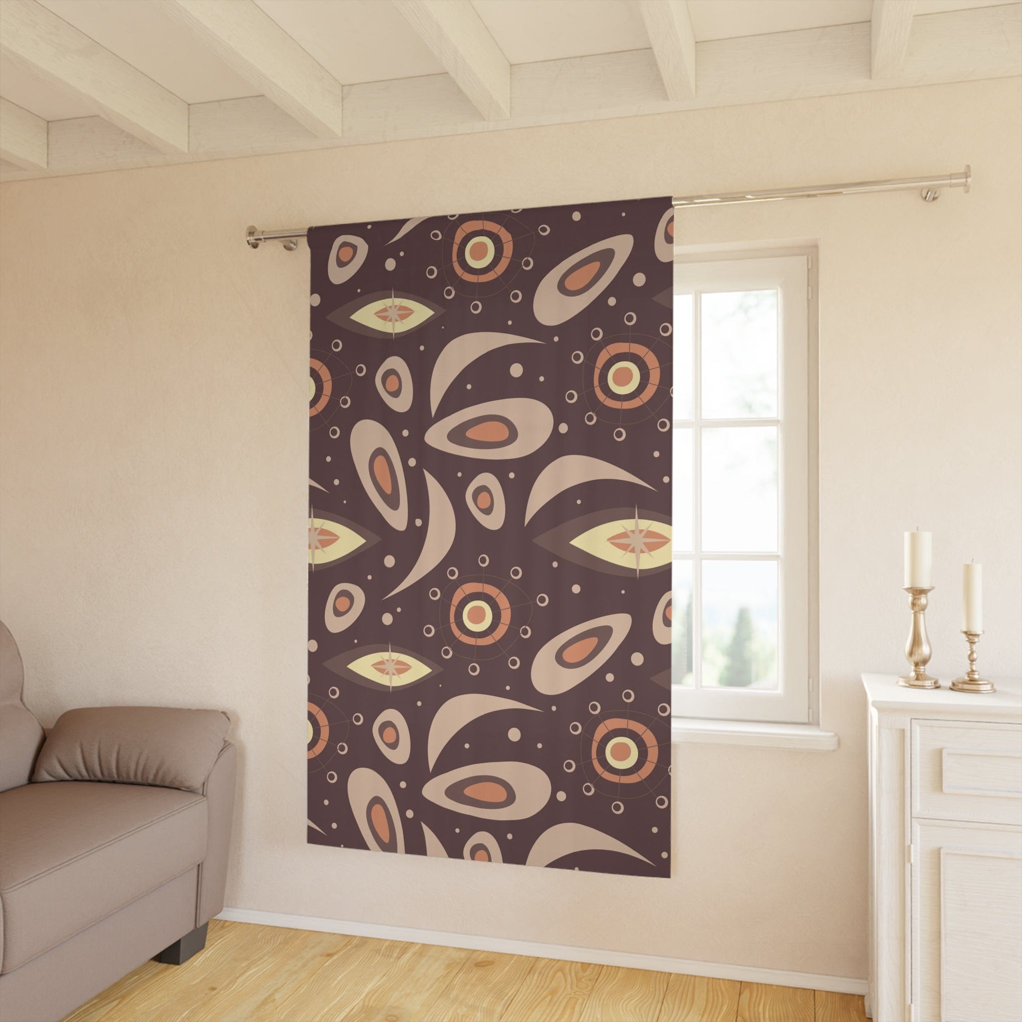 Mid Century Window Curtain, Brown, Lunar Space Age, Starbursts, Boomerangs, MCM Home Decor Home Decor Blackout / 50" × 84"