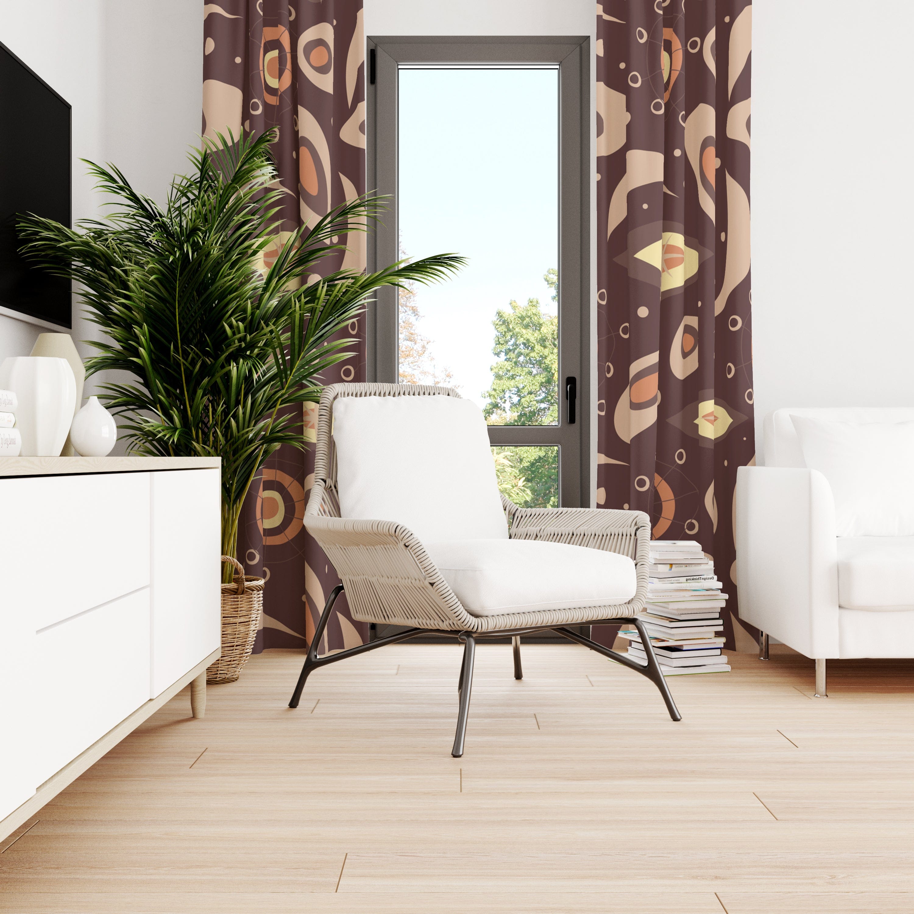 Mid Century Window Curtain, Brown, Lunar Space Age, Starbursts, Boomerangs, MCM Home Decor Home Decor Blackout / 50" × 84"